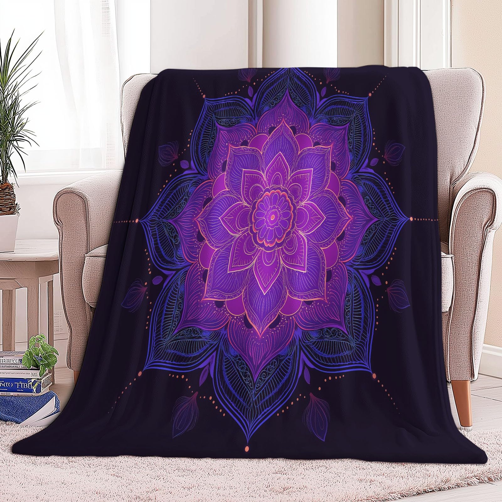 Miękki wełniany koc na łóżko sofa 150 x 200 cm mandala geometryczny koc szerpa, na jesień i zimę - ciemny flanelowy koc na wszystkie pory roku