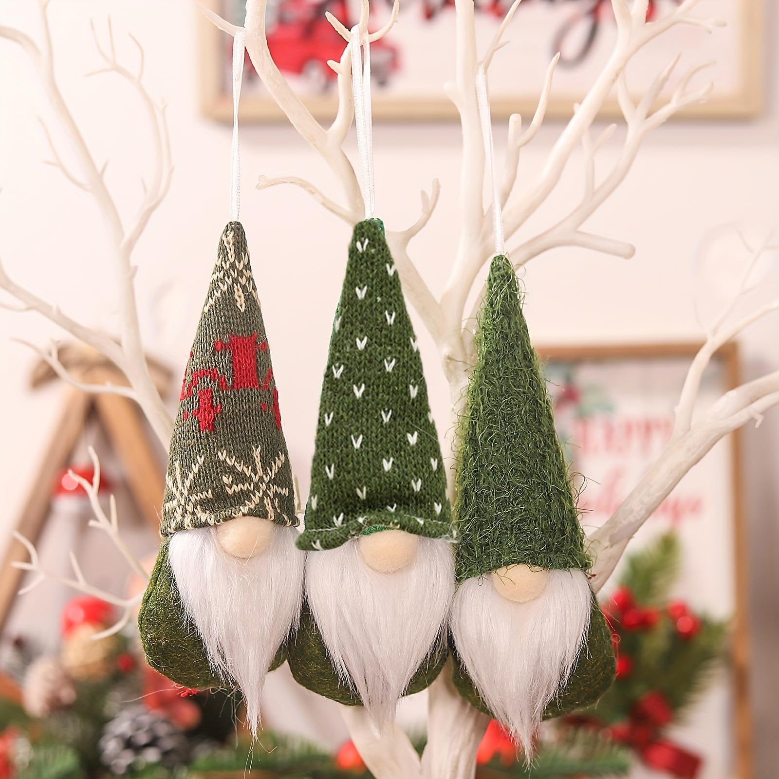 MSQ Lot de 3 décorations de Sapin de Noël à Suspendre en Peluche Décoration | faite à la main Décoration d'intérieur - Vert