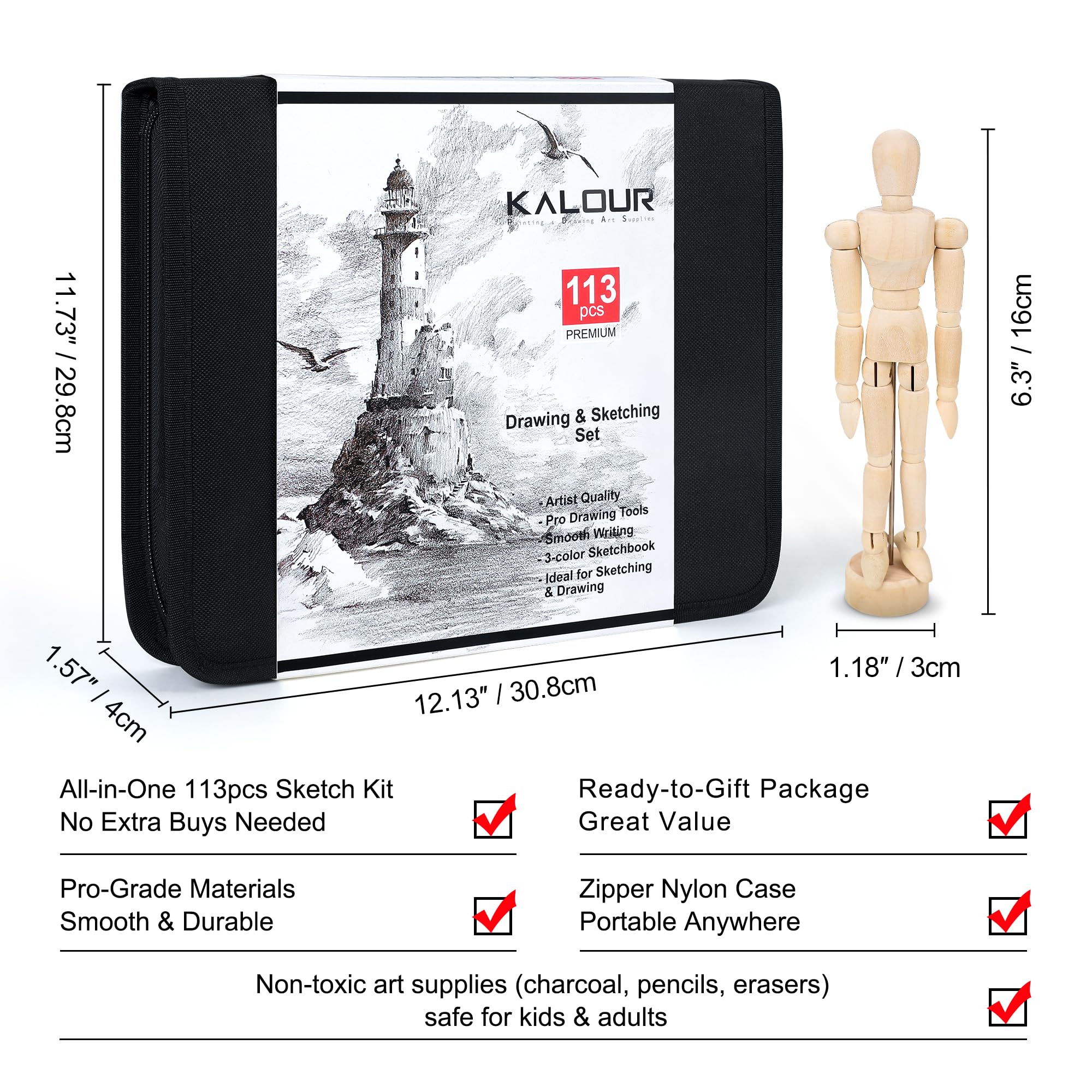 KALOUR 113-teiliges Zeichen Set, Professionelles Skizzier Set mit Graphit und Kohlebleistiften, 3-farbigem Skizzenbuch, Holzfigur, Kunstzubehör im Etui für Anfänger und Künstler