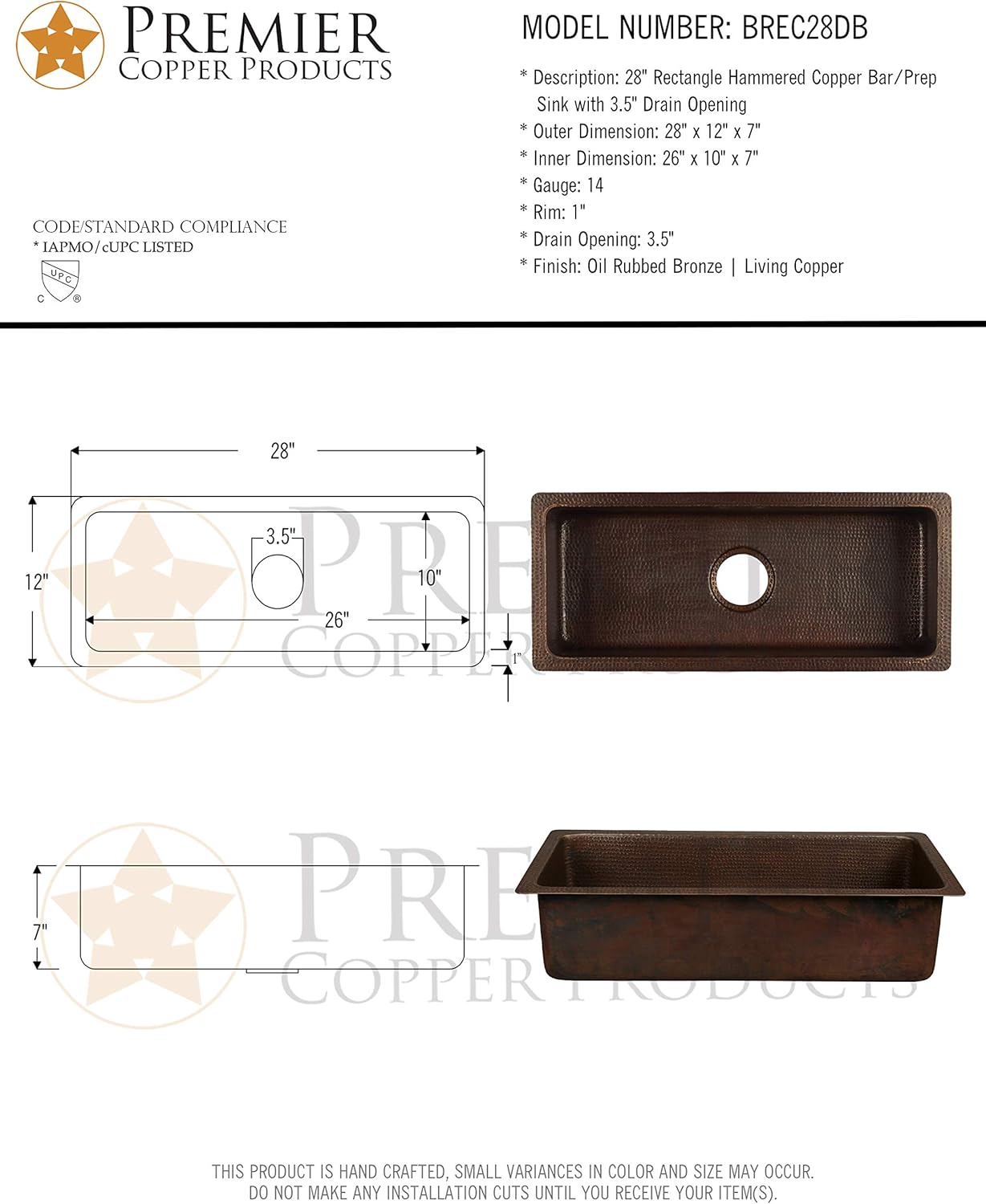 Premier Copper Products BREC28DB 28-Inch Rectangle Hammered Copper Bar/Prep Sink with 3.5-Inch Drain Opening