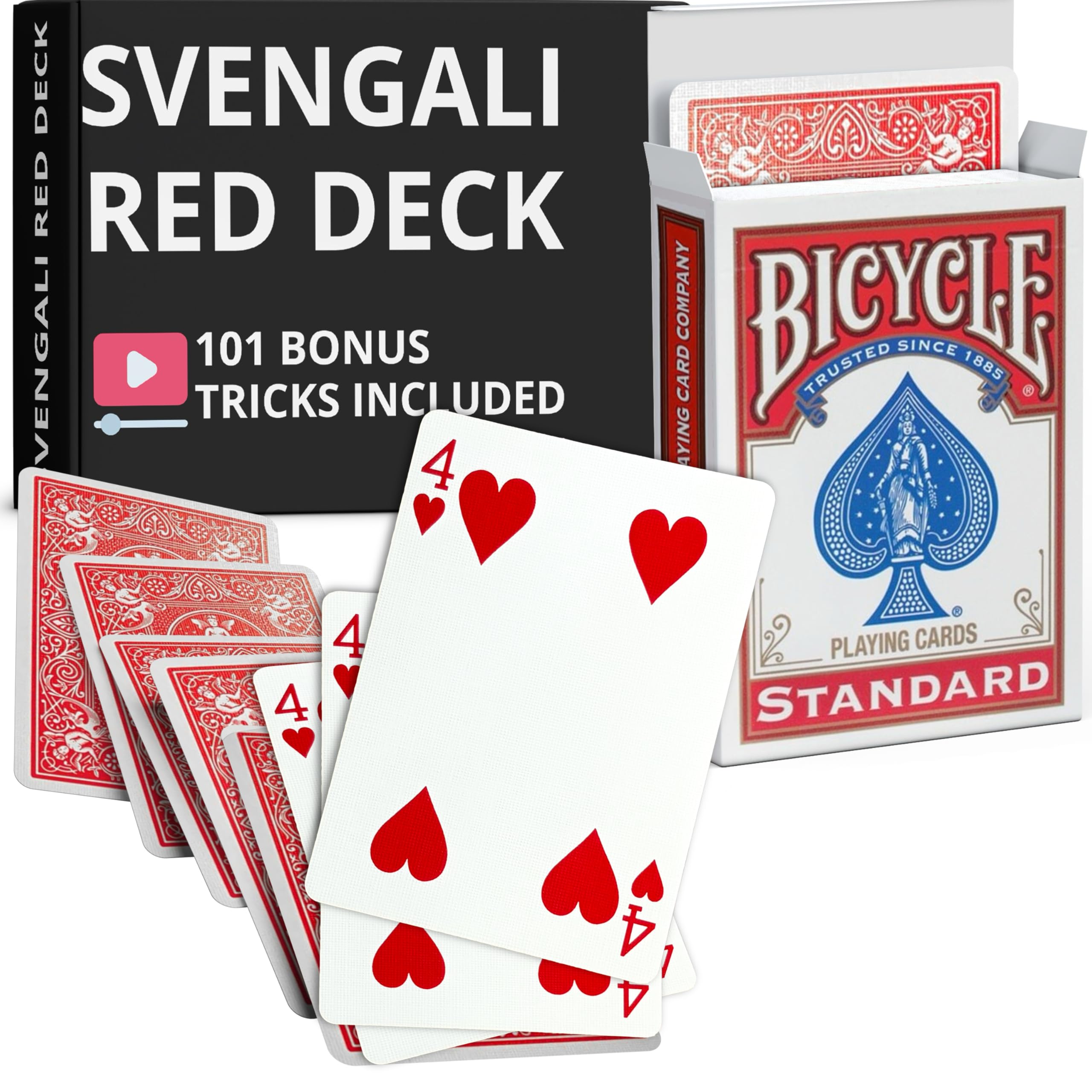 Ted's Sterling Magic Precision Red Rider Back Bicycle Svengali Deck with Instructions for 100+ Tricks (4 of Hearts)