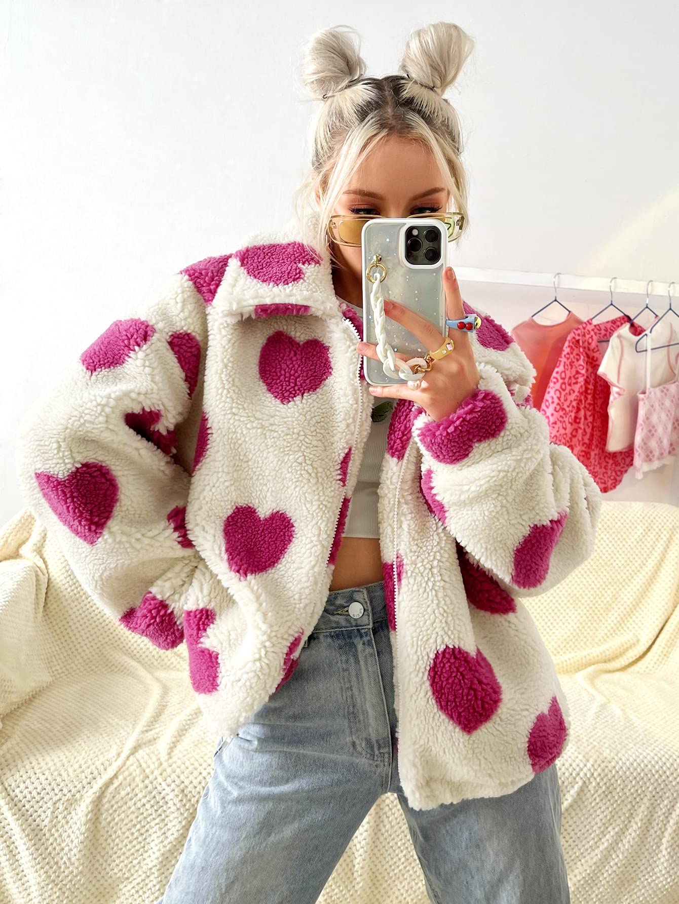 Amazon.com: Women's Jacket Heart Pattern Drop Shoulder Fleece