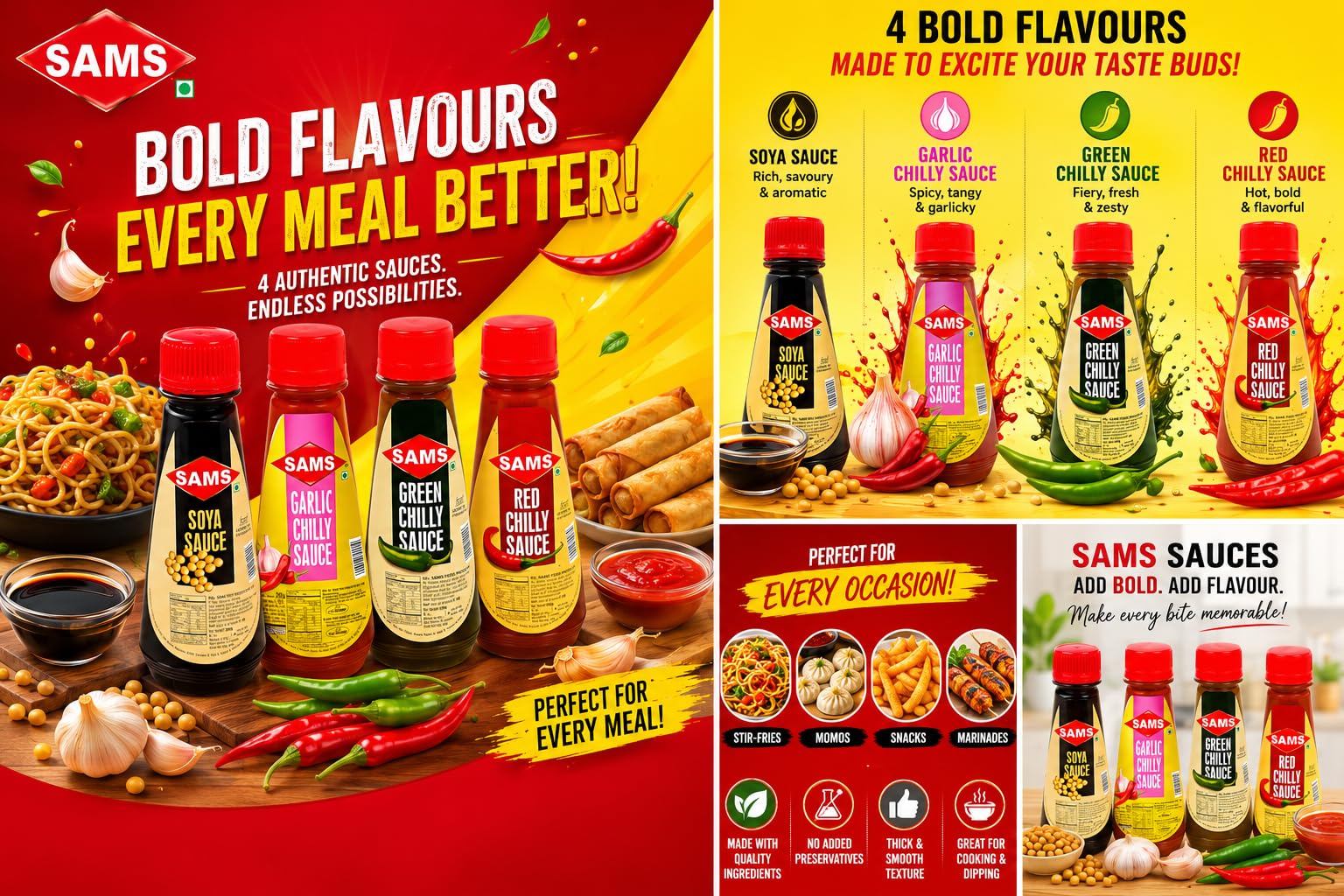Sams Red Chillt Sauce, Soya Sauce, Green Chilly Sauce 100G ( Set )