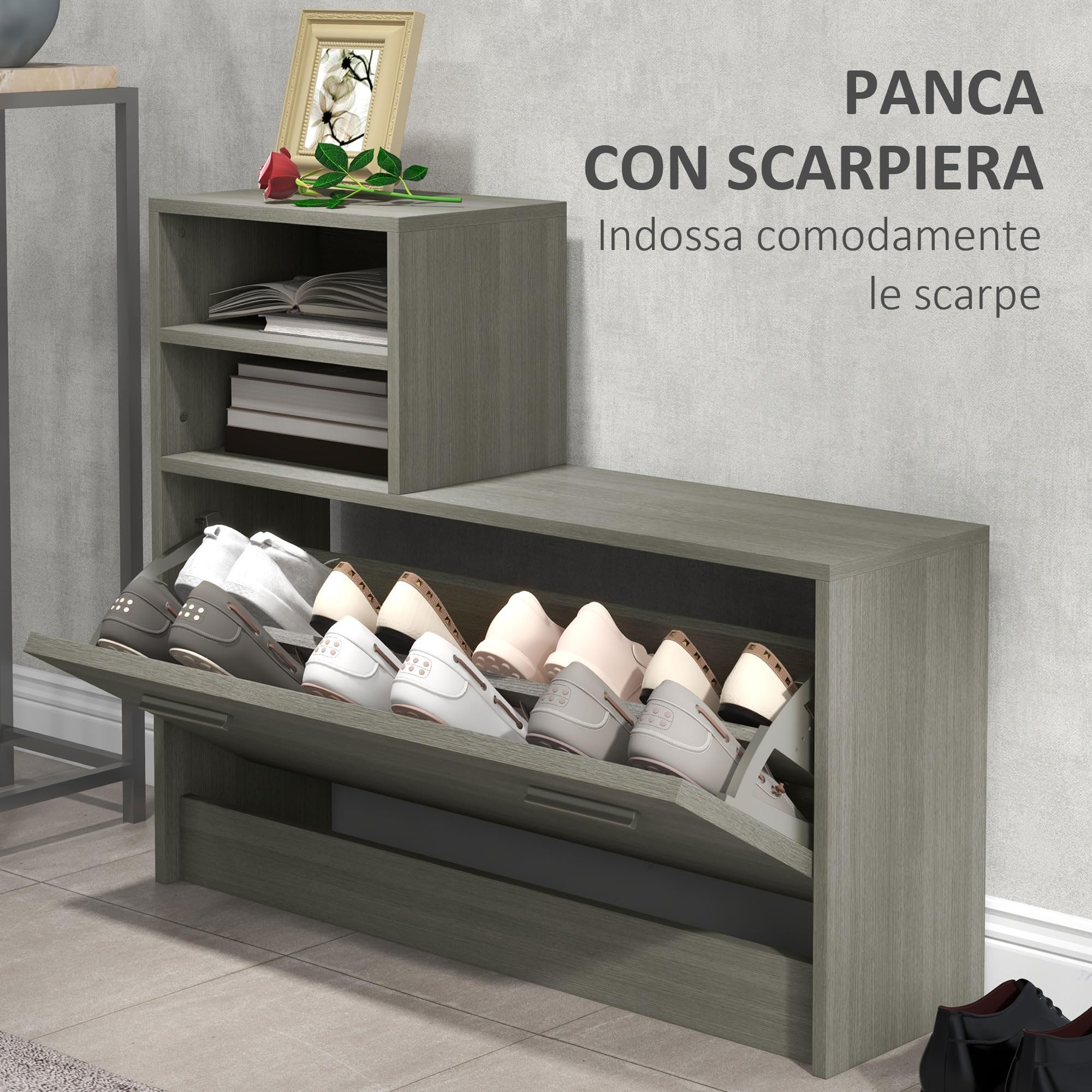 HOMCOM Set 4 in 1 Mobili da Ingresso con Appendiabiti, Specchio, Panca con Scaffale e Scarpiera per 8 Paia di Scarpe, Grigio