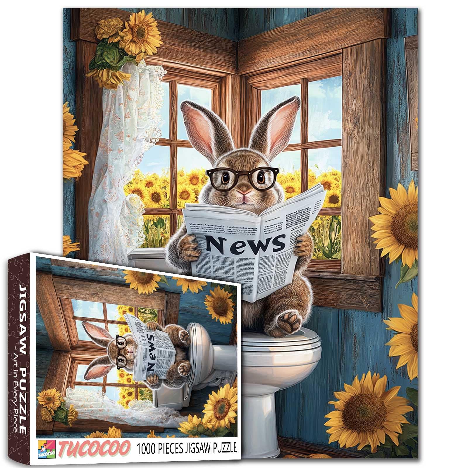 Tucocoo Cute Rabbit with Glasses Puzzle for Adults 1000 Piece, Funny Bunny Reading Newspaper on Toilet, Sunflower Bathroom Scene Jigsaw, Challenging Puzzles Games, Farmhouse Rustic Decor Puzzle Gift — image 1