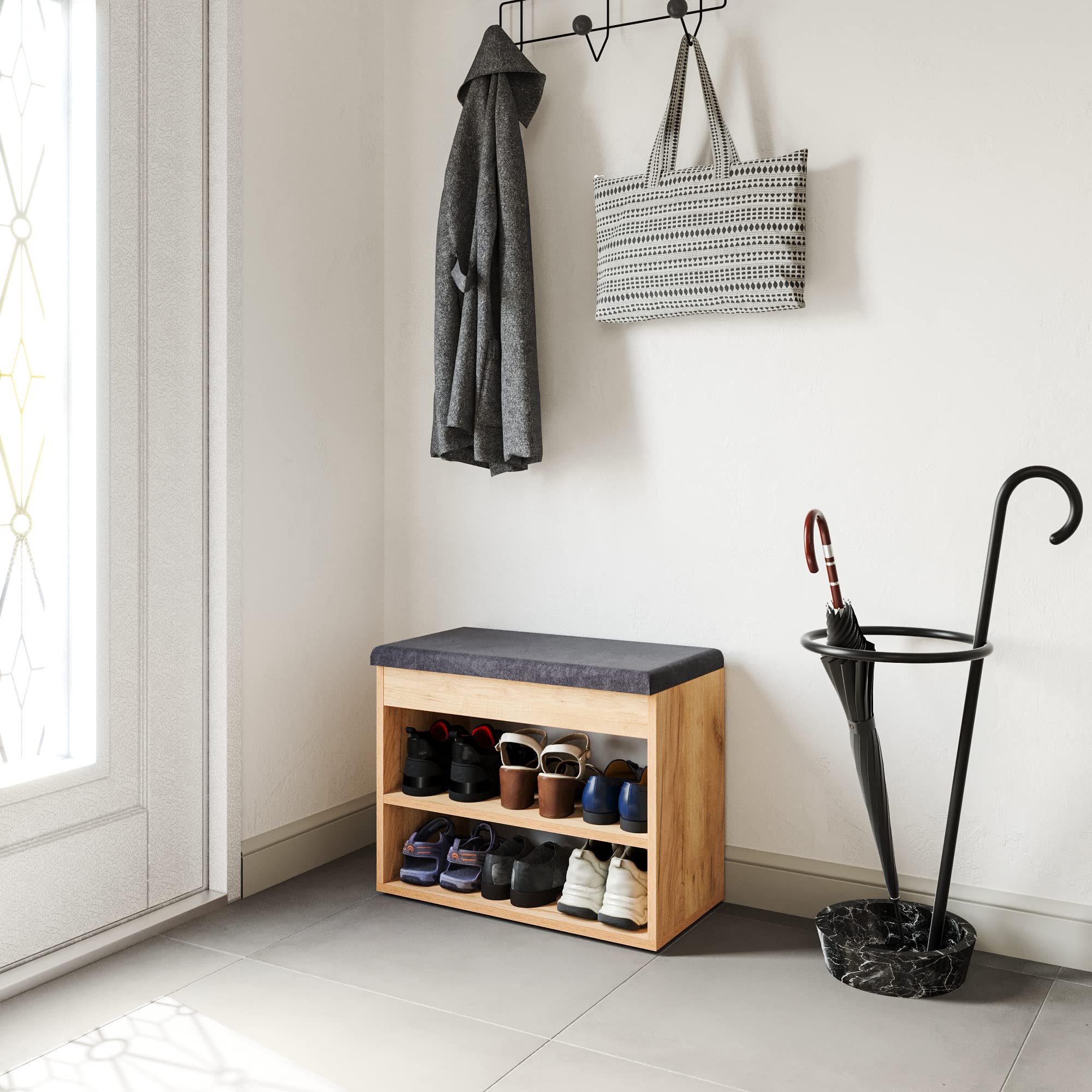 Komto Banc à Chaussures avec Assise Rembourrée – Meuble de Rangement Chêne Miel 60 x 48 x 32 cm pour Entrée, Couloir ou Chambre, Rangement Compact avec Coffre