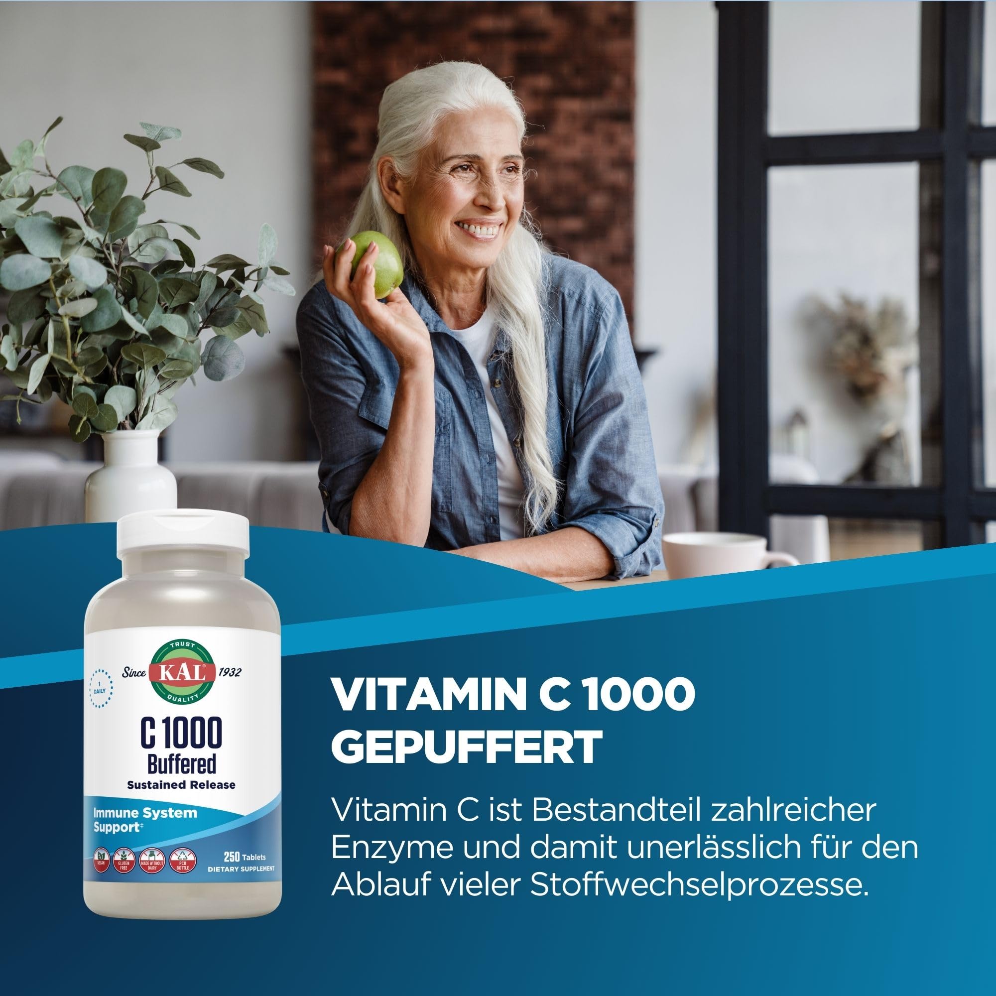 KAL Vitamin C 1000 Plus | 1000mg | 250 Tabletten | gepuffert | glutenfrei | vegan | ohne Gentechnik | laborgeprüft | Nahrungsergänzungsmittel mit VitaminC | Zellschutz | Stoffwechselprozesse