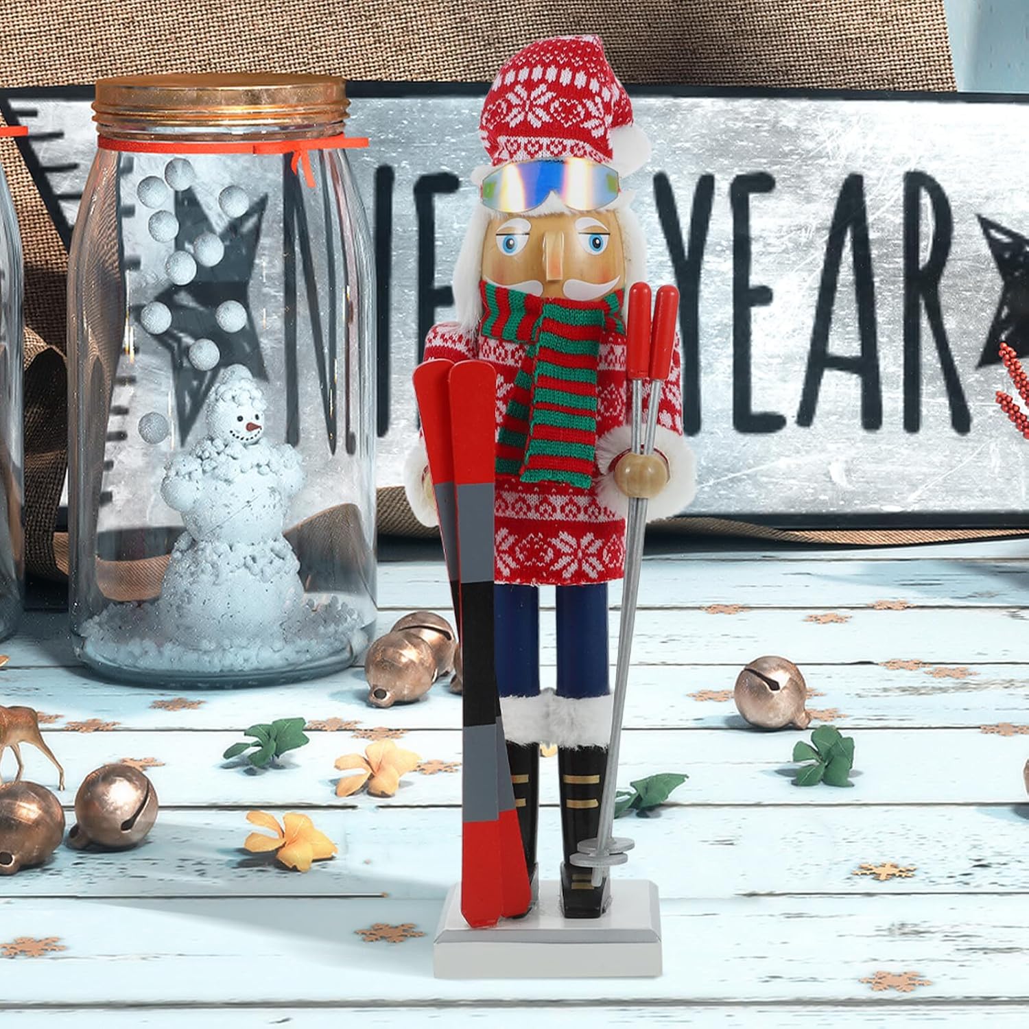 Striped Scarf Skiing Nutcracker Figurine 38cm Wooden Christmas Nutcracker Soldier Outdoor Garden Decor Traditional Xmas Ornament for Holiday Table Display