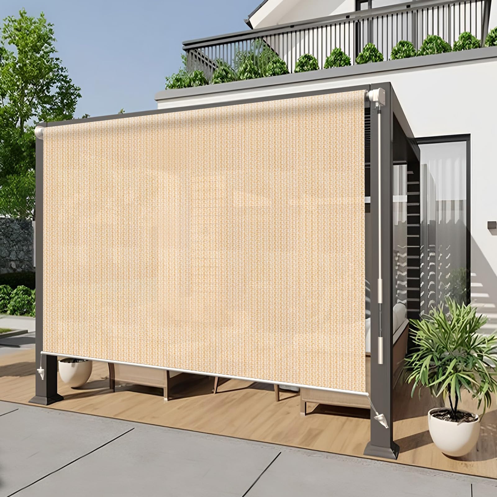 heng feng outdoor roller shade 6'(w) x6'(h) cordless exterior roller shade patio shades roll up outdoor blinds for porch gazebo,wheat