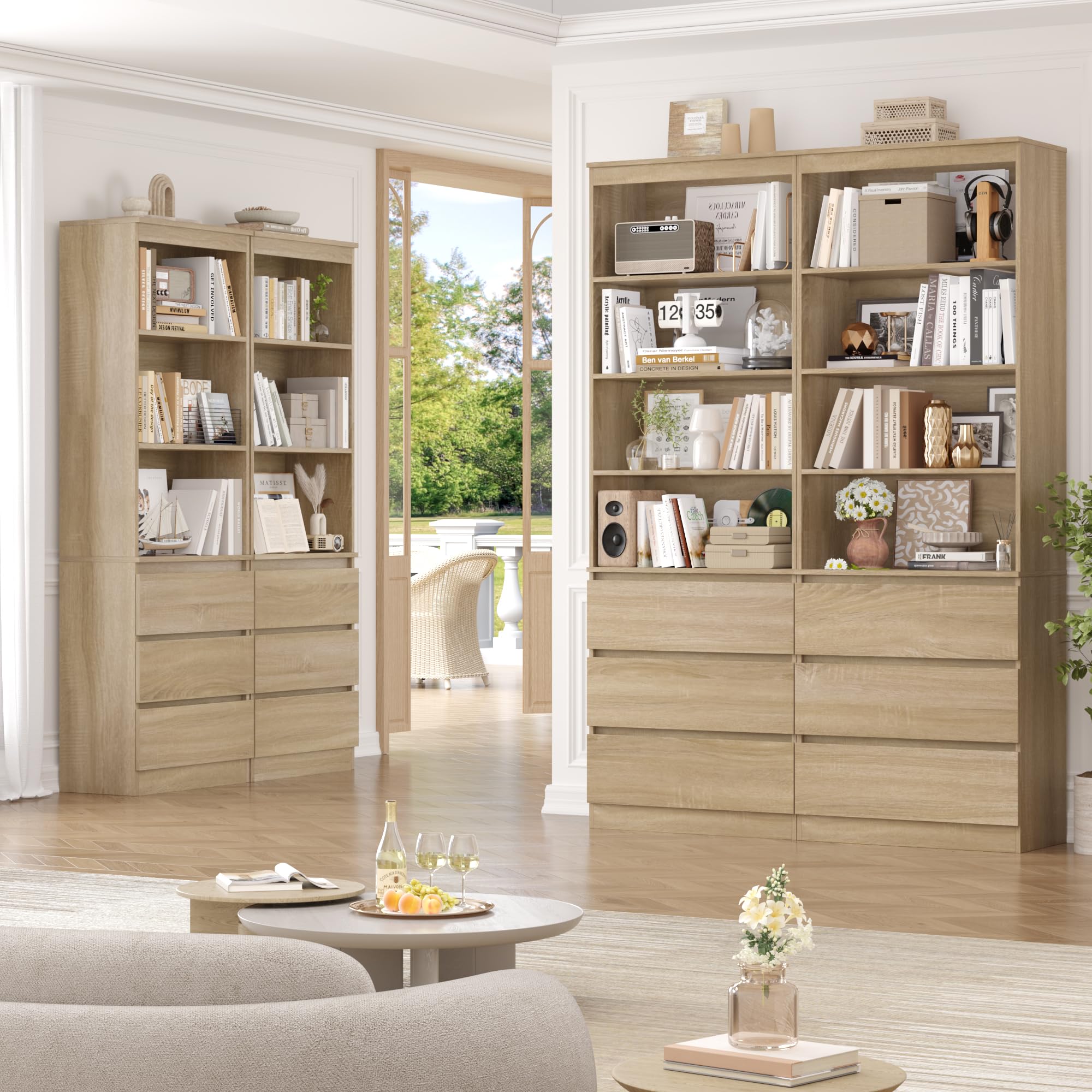 FirFurd Bibliothèque Meuble de Rangement 202cm avec Tiroirs Étagères Chêne | 202x60x35cm, 3 tiroirs fermé, Étagères réglables, Bibliotheques étagere rangement pour salon bureau, Gain de place, Moderne