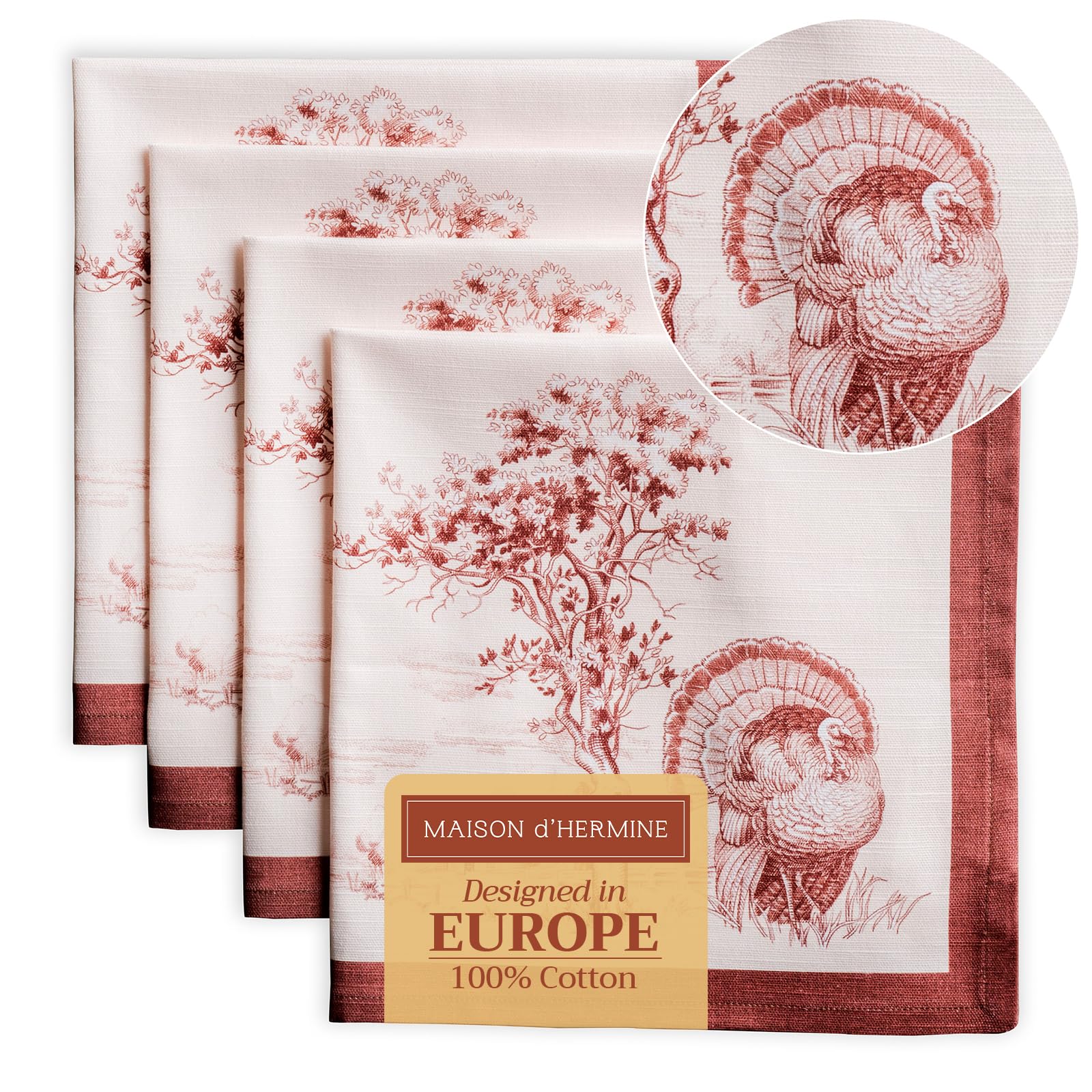 Maison D' Hermine Holy Jouy - Brown Cloth Napkins Set Of 4 100% Cotton For Christmas Decorations Everyday Reusable Square Autumn Napkins Cloth Washable Dinner Party Wedding (, 45 Cm X 45 Cm)