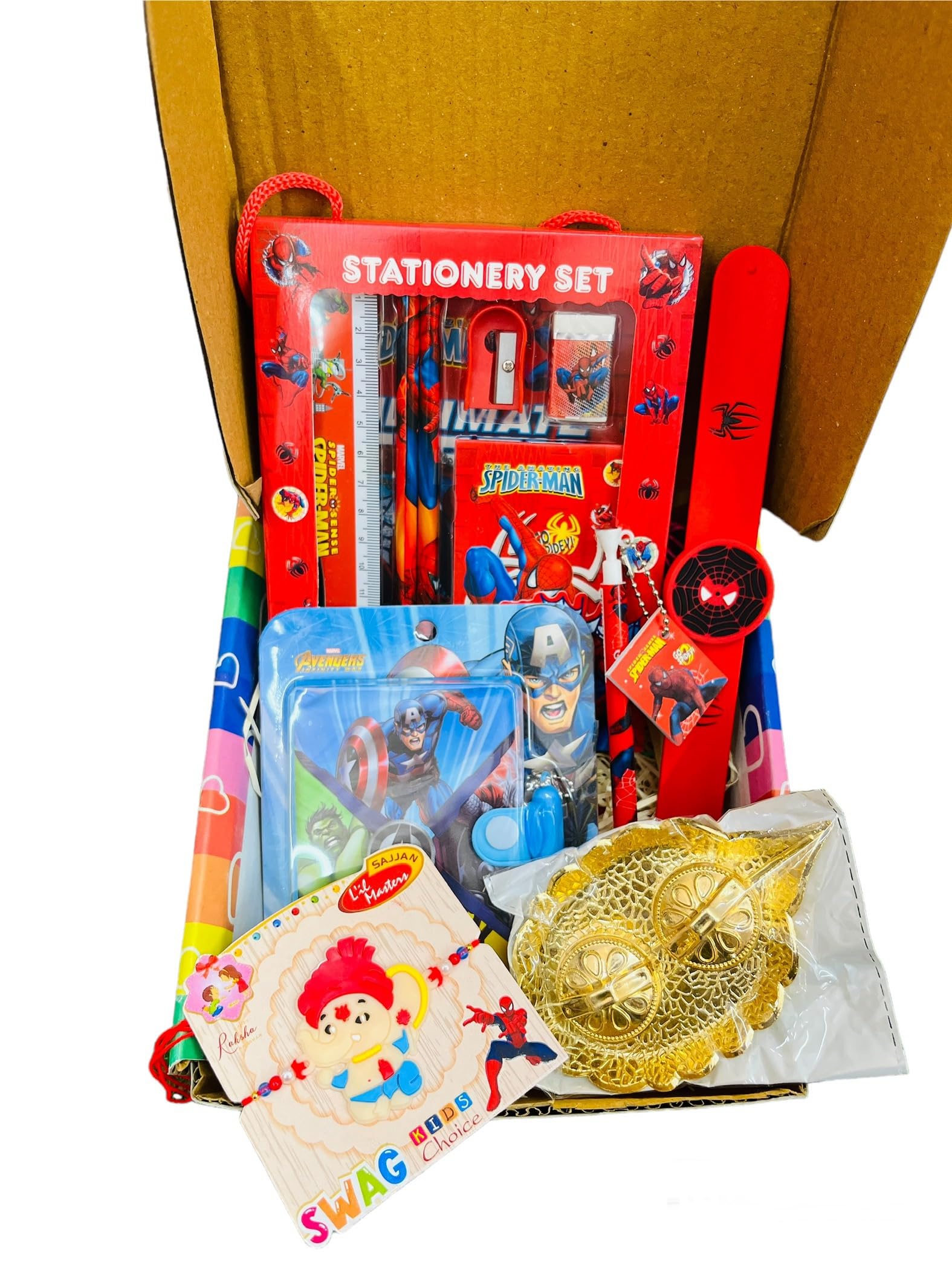 Paaroots Kids Superhero Stationery Gift Set, Rakhi for kids, Thali School Supplies Combo for brothers for rakhi Gift hampers for Boys for all ocassions Birthday Gifts, Diwali Gifts