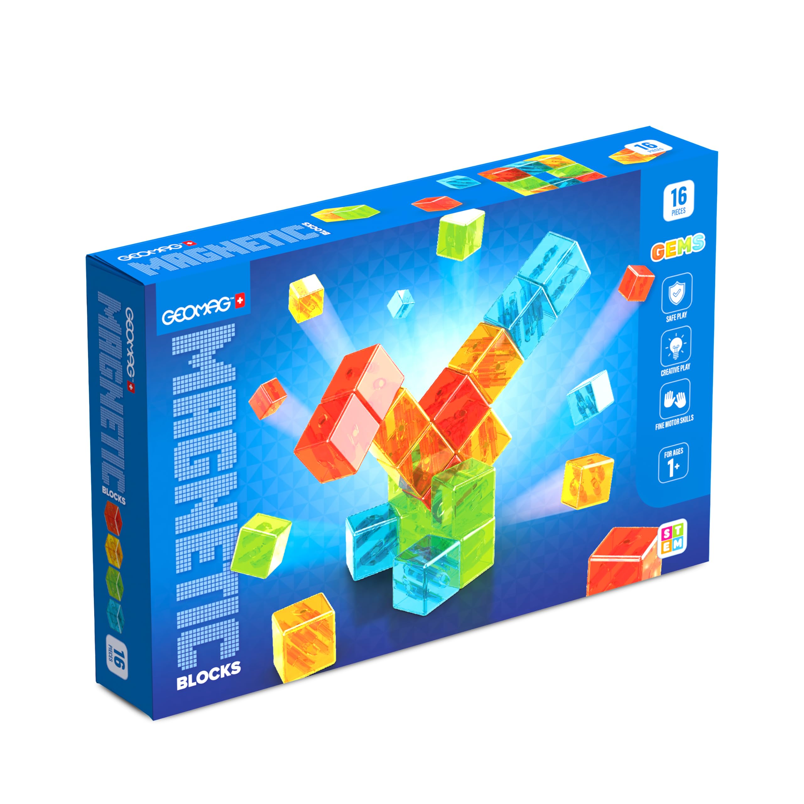 GEOMAG - Magnetische Bausteine für Kinder 16 Teile Magnetbausteine 4 Farben | Magnetic Blocks Gems, Montessori Spielzeug ab 1 Jahr, Magnetspiel STEM Spielzeug, Geburtstag und Nikolaus Geschenke Kinder