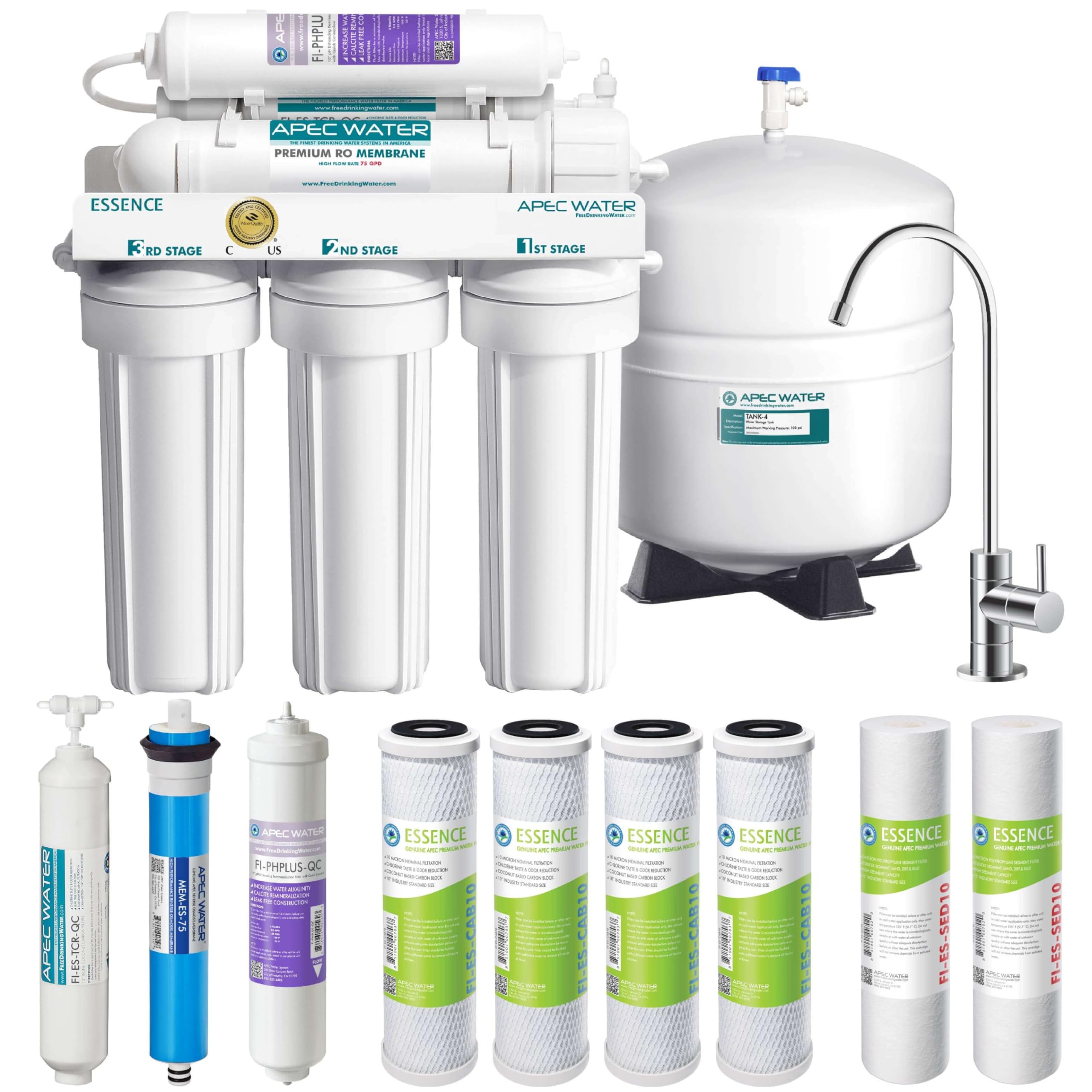 APEC WATERSystems ROES-PH75 Essence Series Top Tier Alkaline Mineral pH+ 75 GPD 6-Stage Certified Ultra Safe Reverse Osmosis Drinking Water Filter System with Extra High Capacity Filter Set Stage 1-3