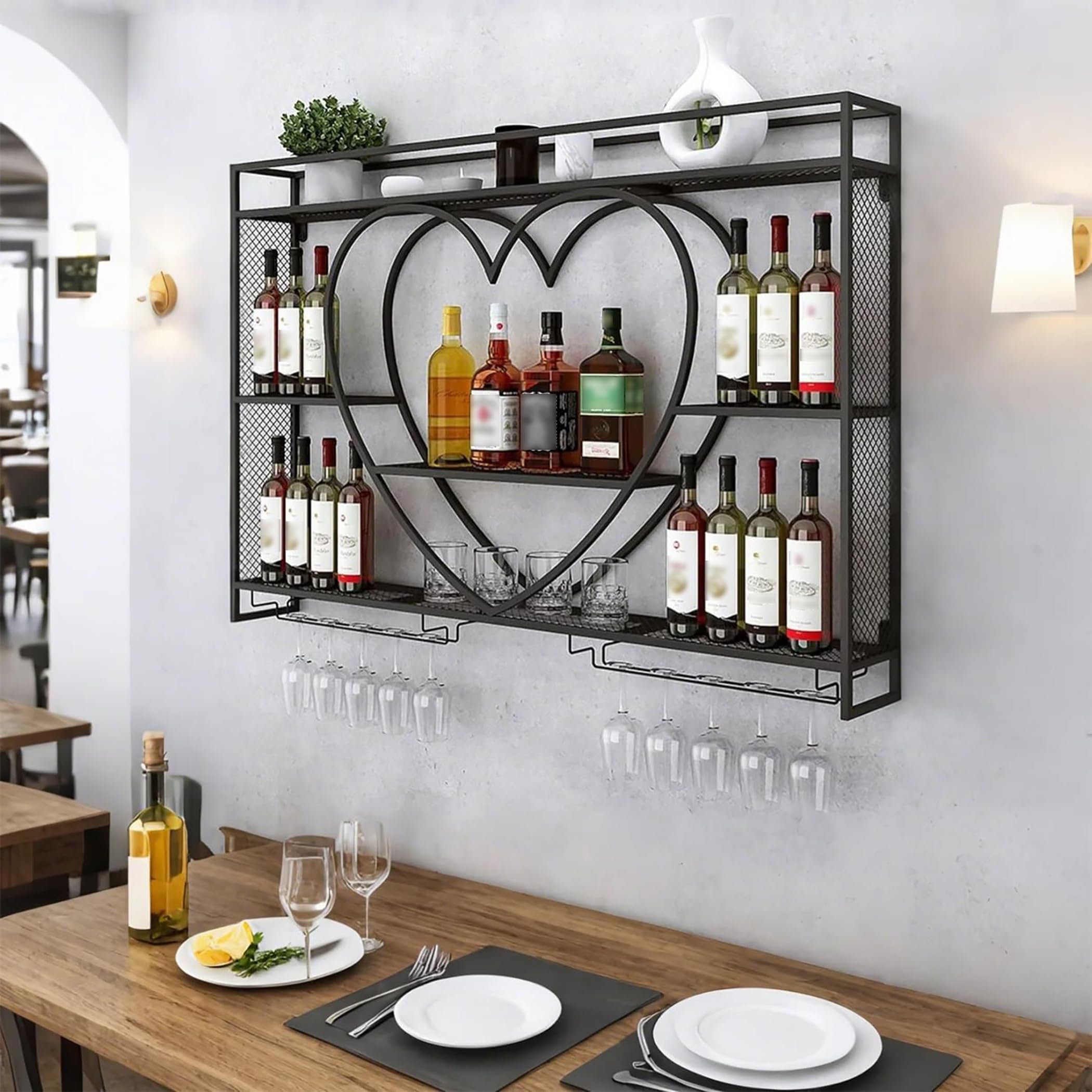 BUBEO G2 Wall Mounted Wine Rack with LED Glass Holder, Liquor Bottles Shelves Display Storage Organizer Hanging Long Stemware Goblet Metal for Home Mini Bar Cellar Black (120x15x85 cm)