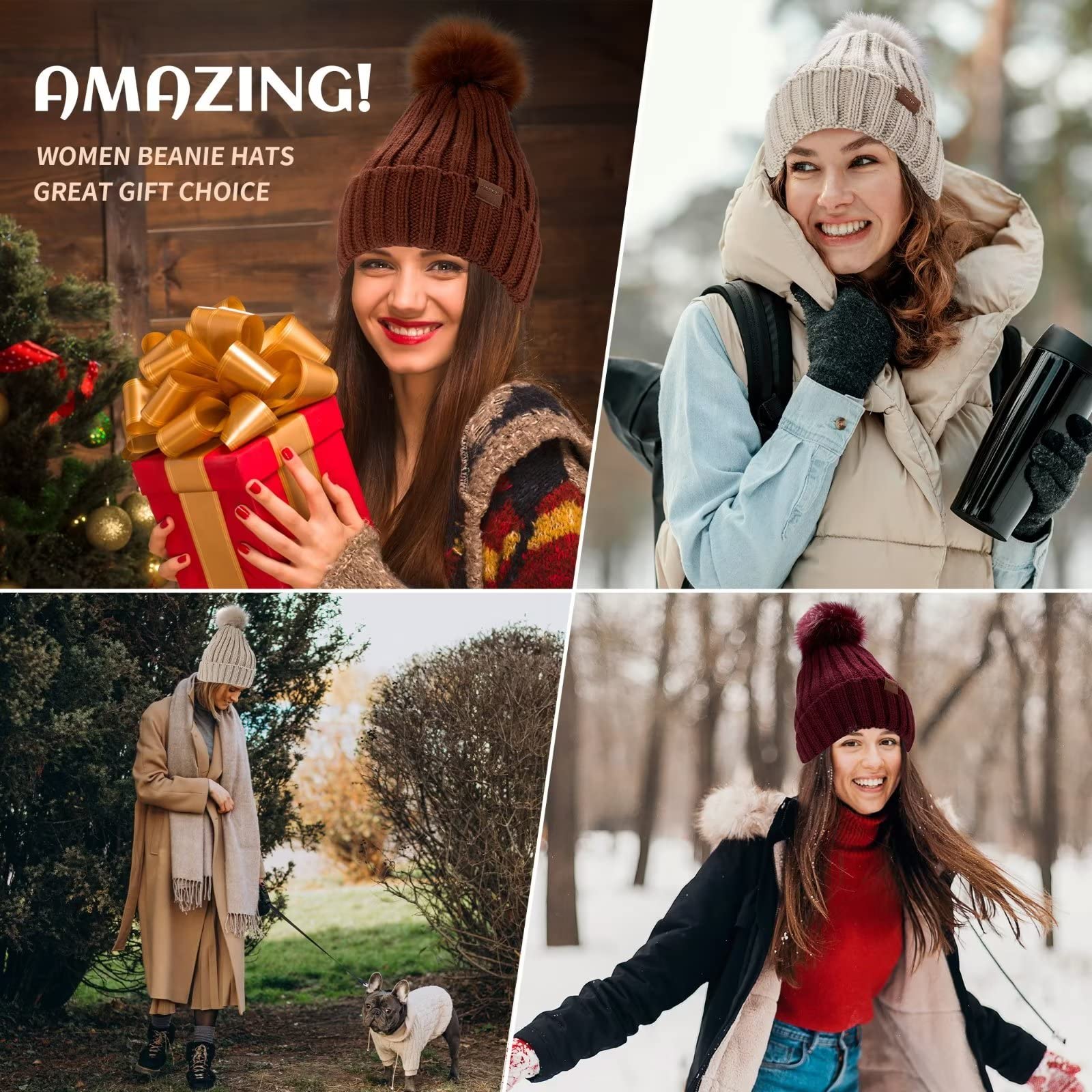 Gorro para mujer con pompón, paquete de 3, sombreros de invierno para mujer, gorro de calavera cálido de punto a la moda, gorro para mujer para clima frío, Avena+rosa+púrpura 7