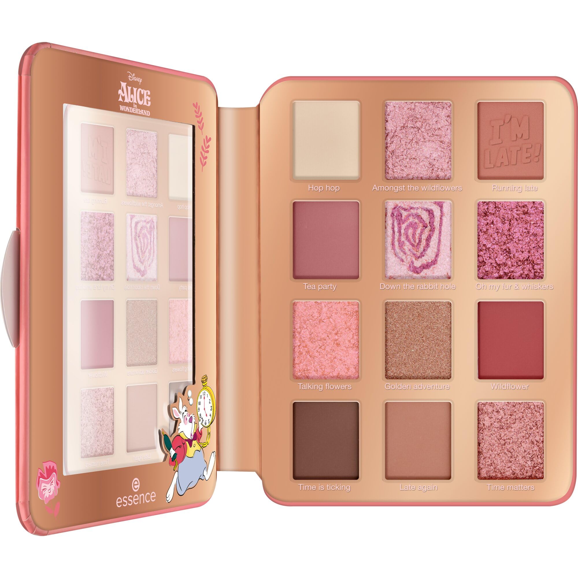 essence Paleta cieni do powiek Disney Alice in Wonderland eyeshadow palette, długotrwały, mocno napigmentowana/y, natychmiastowy wynik, mieniący się, metaliczny (16g)
