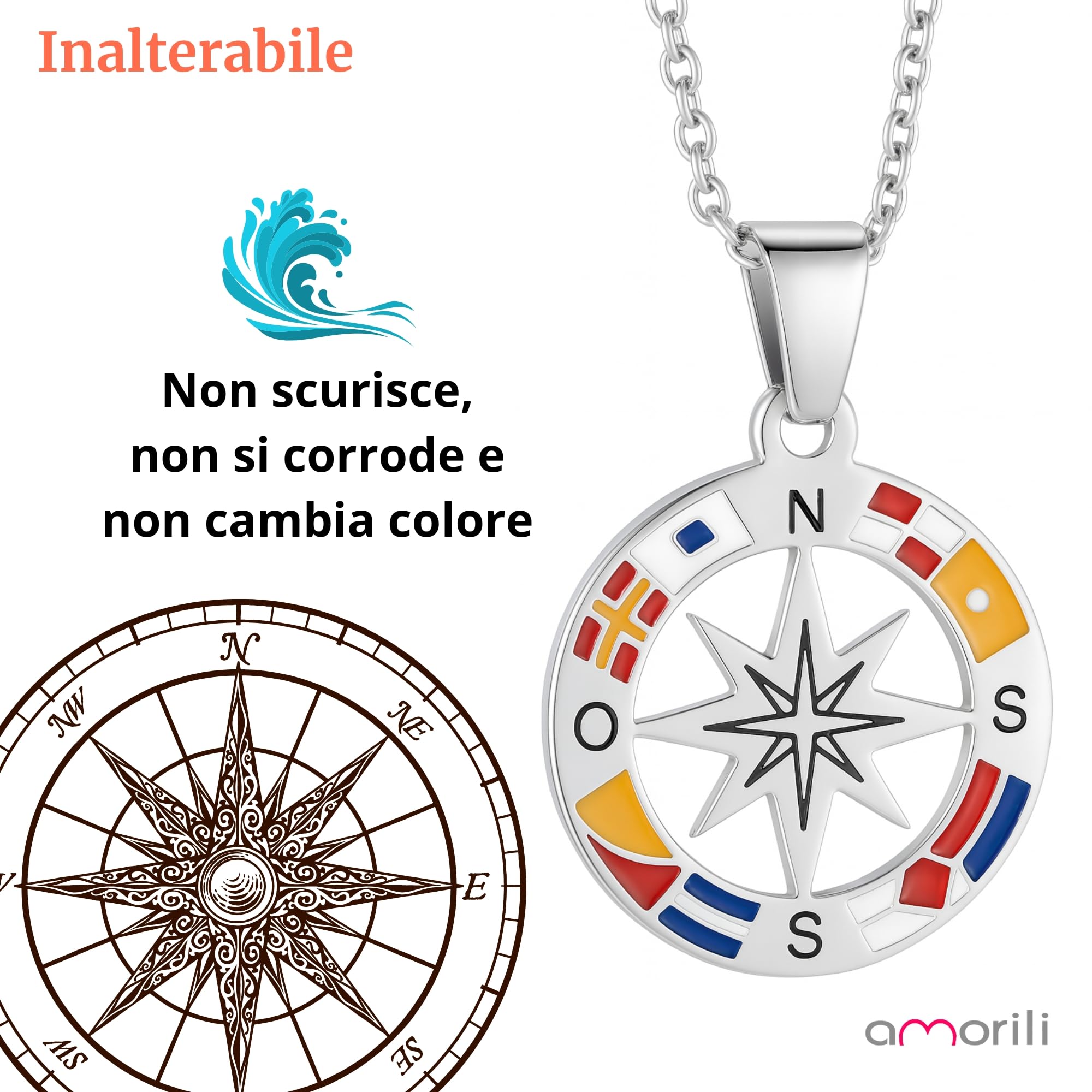 Collana Uomo Rosa dei Venti in Acciaio Inossidabile | Pendente Bussola Nautica | Catena Regolabile Fino a 50 cm | Gioiello Regalo Elegante Stile Marina Militare (f)
