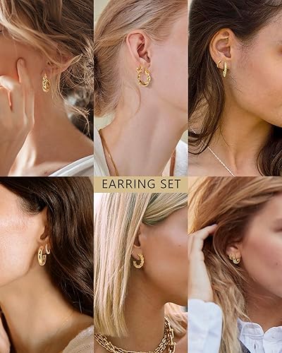 Miniatura 3 de Adoyi Gold Hoop Earrings Set for Women 14K Gold Plated Chunky Hoops Twisted Huggie Gold Hoop Earrings for Gift Lightweight