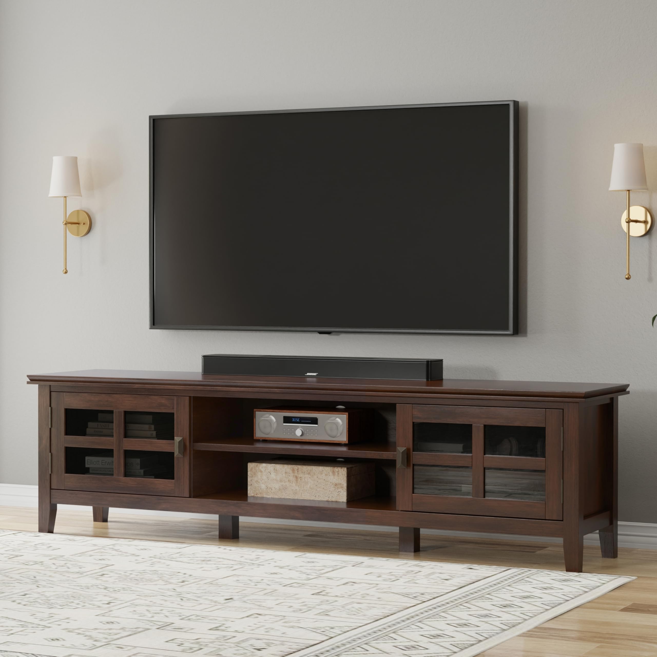 SIMPLIHOME Artisan Solid Wood 72 inch Wide Transitional TV Media Stand in Russet Brown for TVs up to 80 inches for The Living Room and Entertainment Center