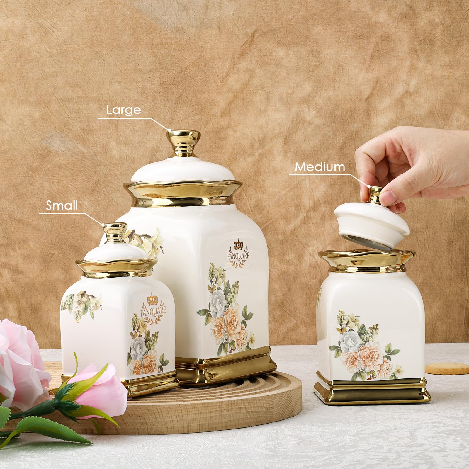 fanquare 3 Barattoli Vintage con Fiori e Coperchio, Tazze in Ceramica per Tè, Caffè, Zucchero, Contenitori Ermetici per Conservare gli Alimenti in Casa, in Cucina, Come Regali