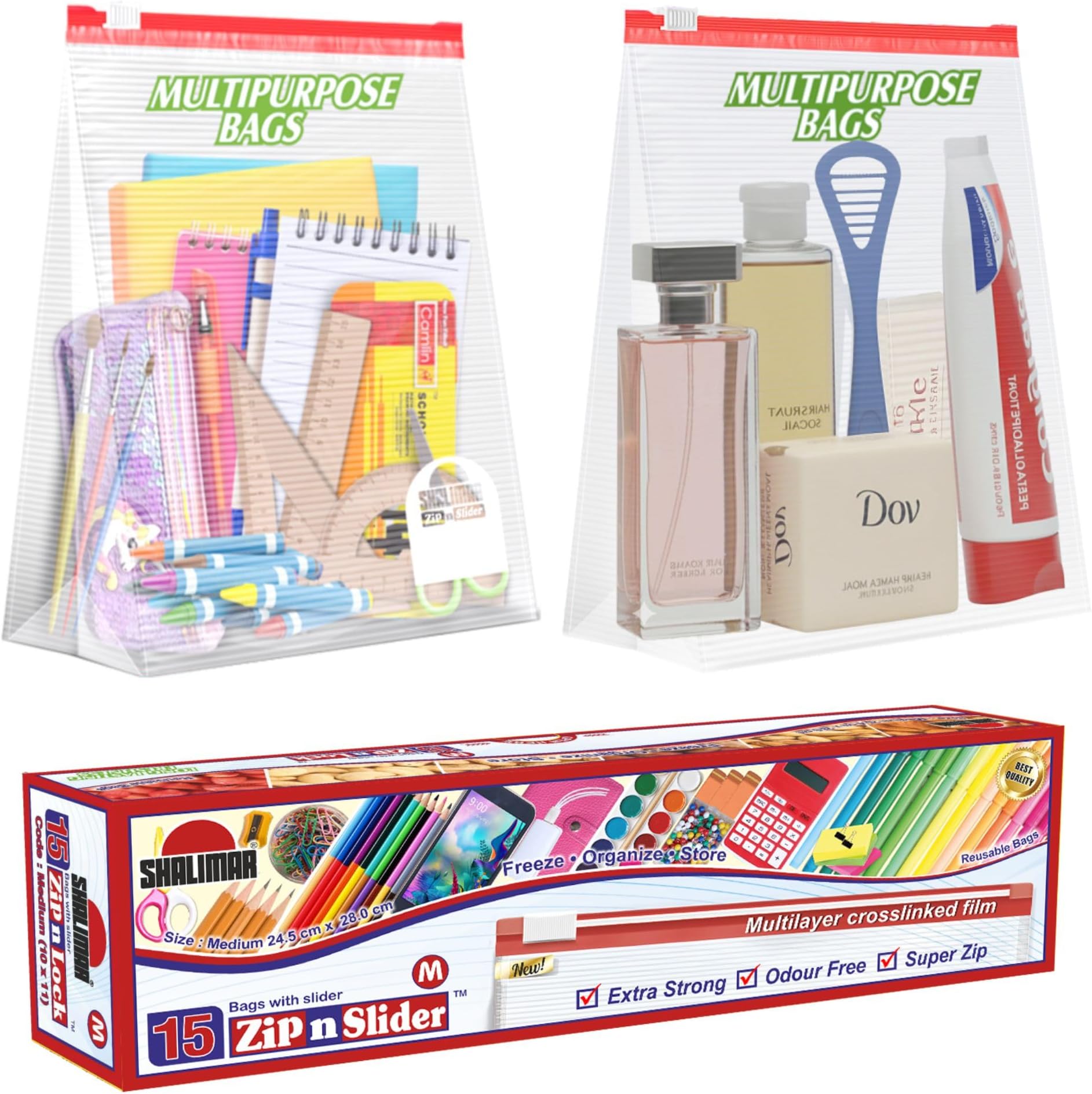 Zip 'N' Slider Bags | Medium (24.5 cm X 28 cm) | Pack of 15 Bags | Ziplock/Vegetable/Fruit/Fridge/Multi-Purpose Storage Bag | Reusable & Reclosable with Slider Lock | Color – Natural