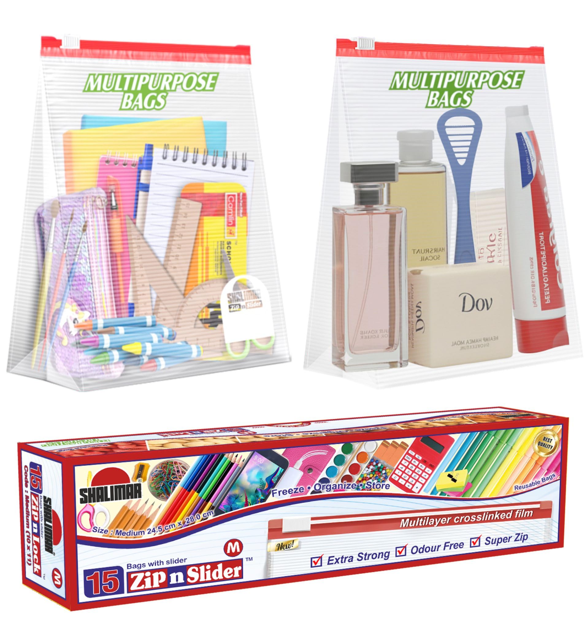 Zip 'N' Slider Bags | Medium (24.5 cm X 28 cm) | Pack of 15 Bags | Ziplock/Fridge/Multi-Purpose Storage Bag | Reusable & Reclosable with Slider Lock | Color - Natural