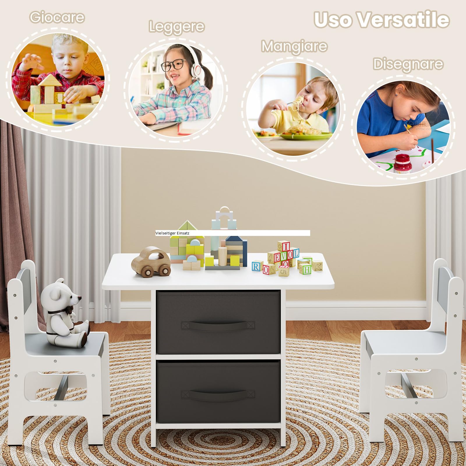 COSTWAY Set Tavolo e Sedie per Bambini 1-7 Anni, Tavolino in Materiale Atossico e Indore con 2 Sedie Ergonomiche con Schienale, Angoli Arrotondati, Ideale per Giocare, Disegnare e Leggere (Grigio)
