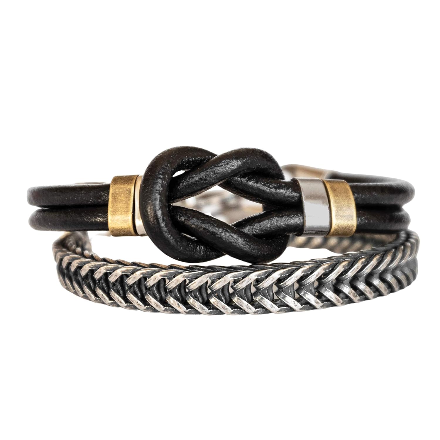 2pc Bracelet Set for Men, Men&amp;#39;s Black Leather Knot Bracelet &amp; Silver Plated Brass Chain Bracelet Set, Tribal Boho Celtic Bracelet Set for