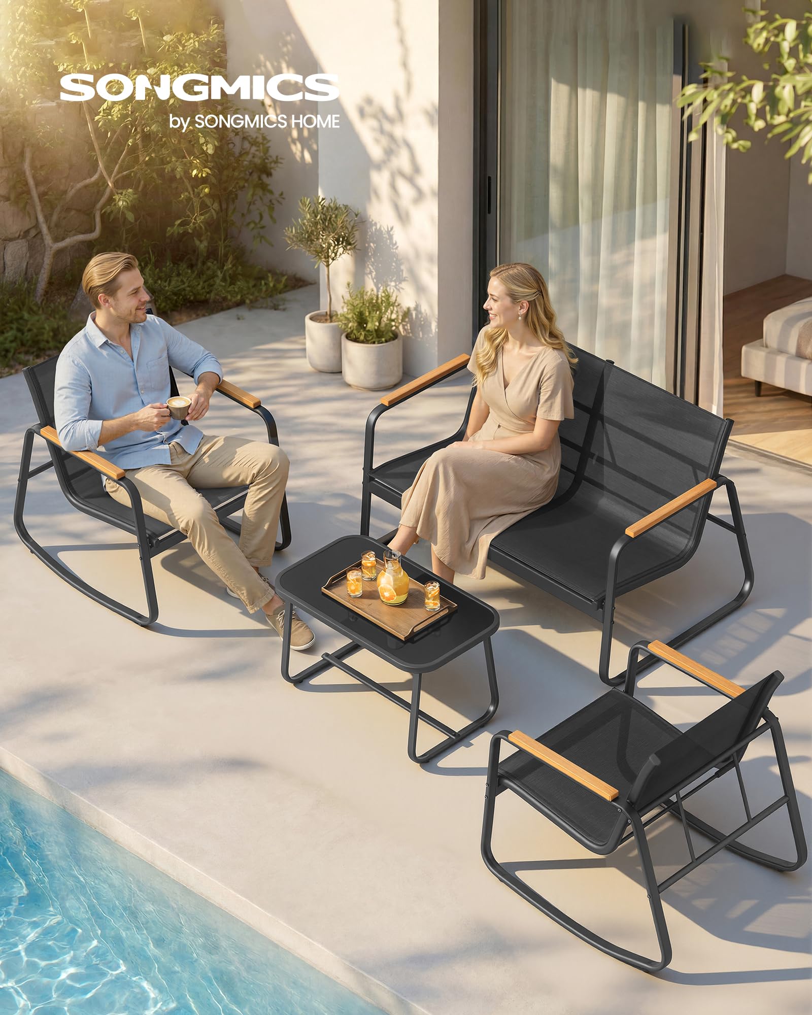 SONGMICS Gartenmöbel-Set, Balkonmöbel, 2 Schaukelstühle mit Tisch, Gartenbank, Stahl, Terrassenmöbel, mit Armlehnen, atmungsaktives Kunstfasergewebe, Terrasse, Balkon, Garten, tintenschwarz GGF0028B01