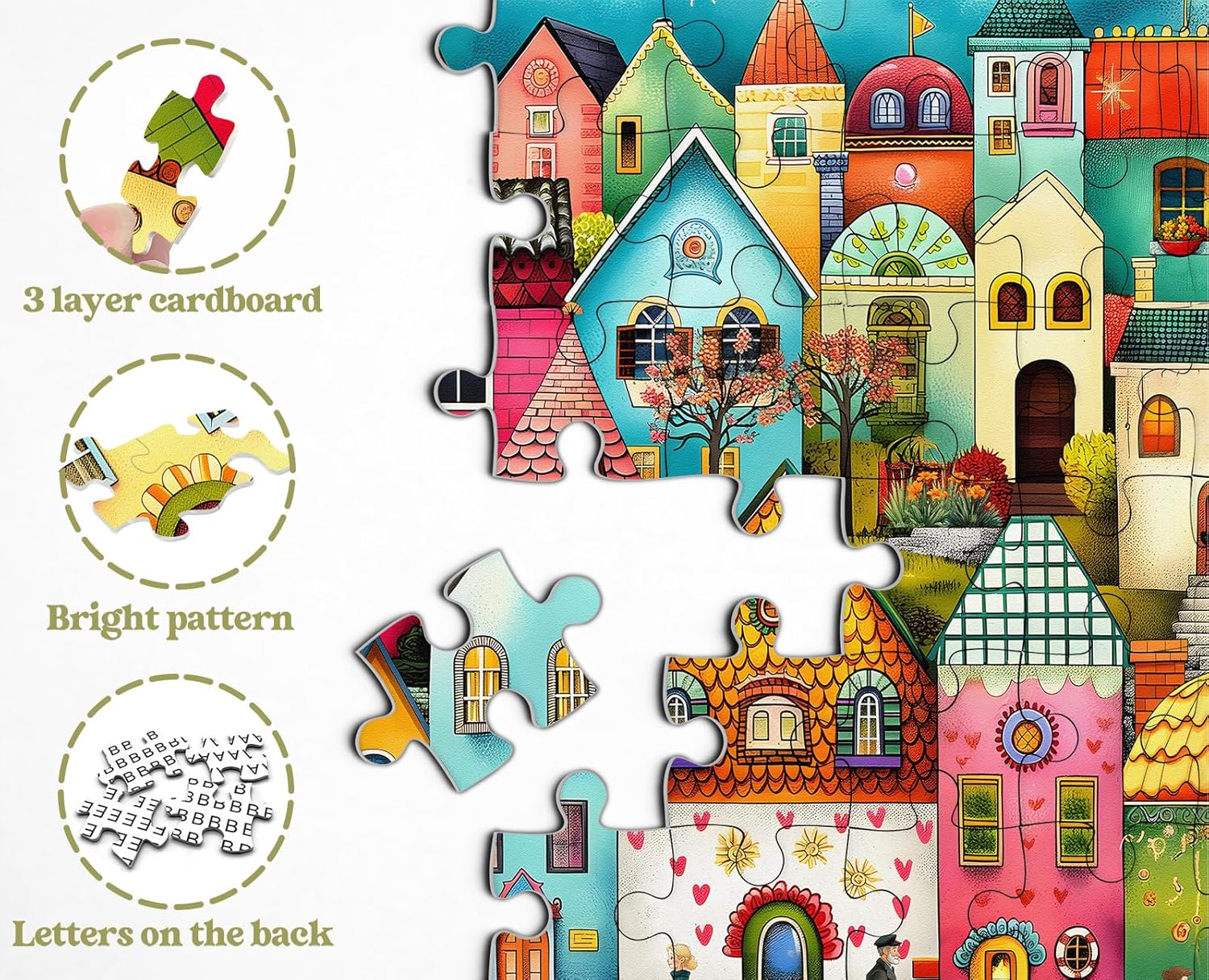 Colorful Town Puzzles for Adults 1000 Pieces, Larkipuzz Difficult City Puzzle House, Impossible Nature Street Theme as Home Art