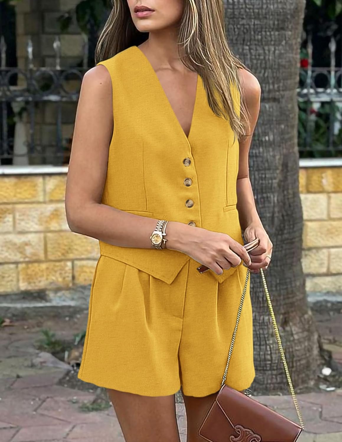 PRETTYGARDEN Women's Summer 2 Piece Outfits Sleeveless Matching Sets Button Down V Neck Vest Waistcoat and Pockets Shorts - Image 5