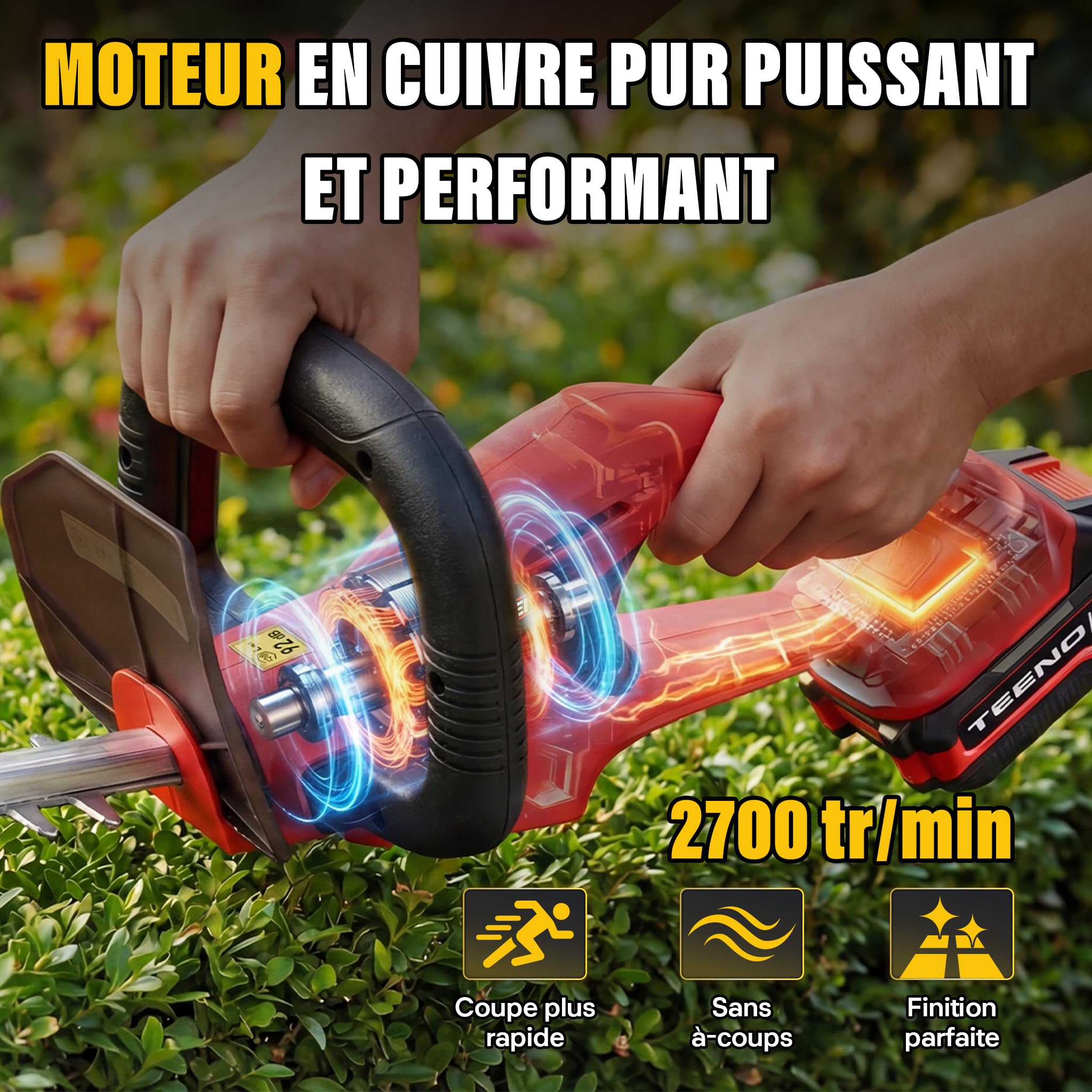 TEENO Taille Haie Batterie 20V,Taille Haie Electrique sans Fil avec 1 Batterie 4000mAh, Lame 52cm Coupe 16mm,Poignée Pivotante 180°,pour Jardin Haies Arbustes Buissons