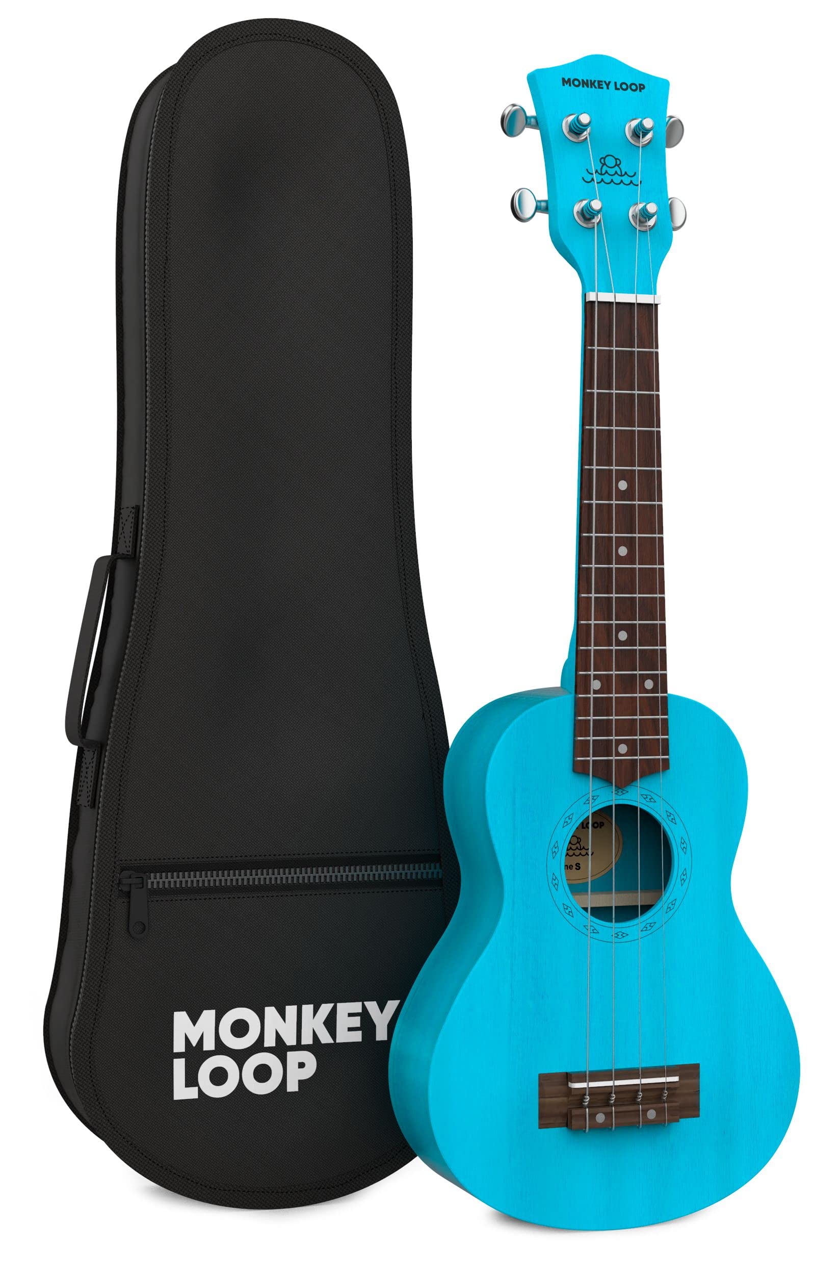 MONKEY LOOP Stone Blue - Ukulélé Soprano - Étui pour Ukulélé Inclus - Equipé de Cordes Aquila - Finition, Réglages et Accordages Surprenants - Bois de Sapelli - Couleur Bleu