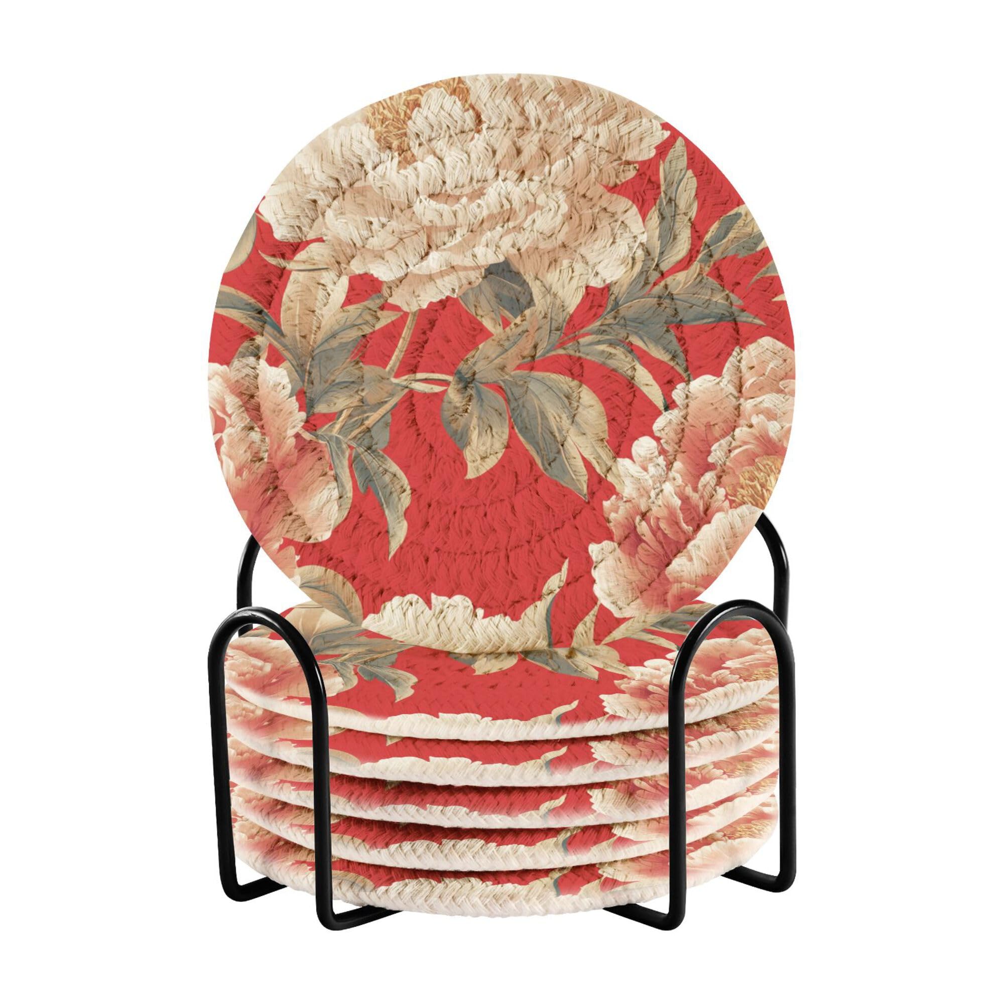 Aesthetic Peonies Red Cotton Rope Drink Coasters Absorbent Set with Holder 6 Pack Home