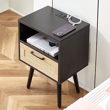 Nightstand with Charging Station, Wood End Table Side Table with USB Ports and Outlets, Night Stand with Rattan Drawer for Bedroom, Black