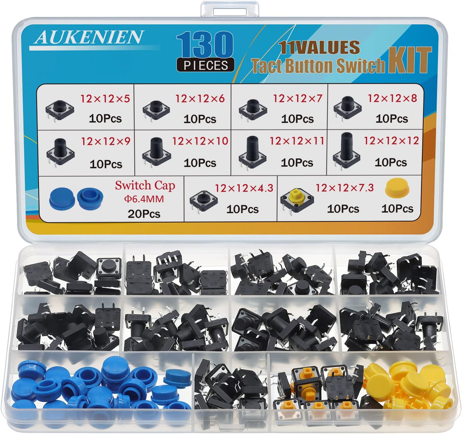 AUKENIEN 12 Values 130pcs Momentary Tactile Push Button Switch Assortment Kit 12MM x 12MM 4 Pin Micro Tact Buttons Circuit Switches and Pushbutton Cap