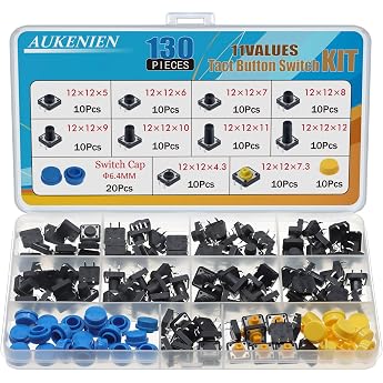 AUKENIEN 12 Values Micro Buttons, 130 Pieces, Micro Button, Tactile Push Button Switch, Micro Switch, 12 mm x 12 mm, 4-Pin Ta