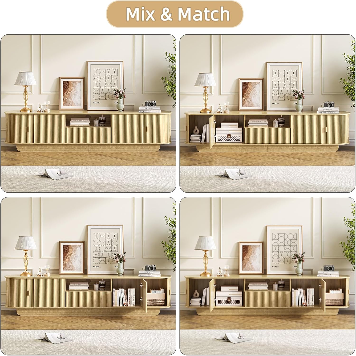 86.61'' Tambour TV Stand for 55-85 Inch, Modern Entertainment Center with Large Storage Cabinet & Open Shelves, TV Console with Sliding Doors for Living Room, Bedroom, Natural 7 81hFhYBeKmL. AC SL1500