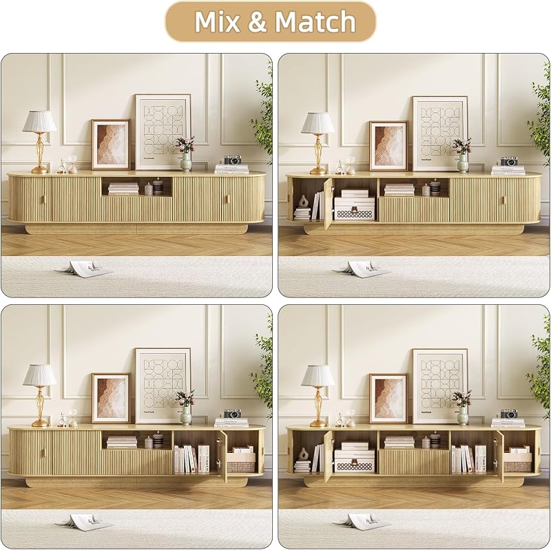 86.6'' Fluted TV Stand for 55-85 Inch, Natural Wood TV Console image 5