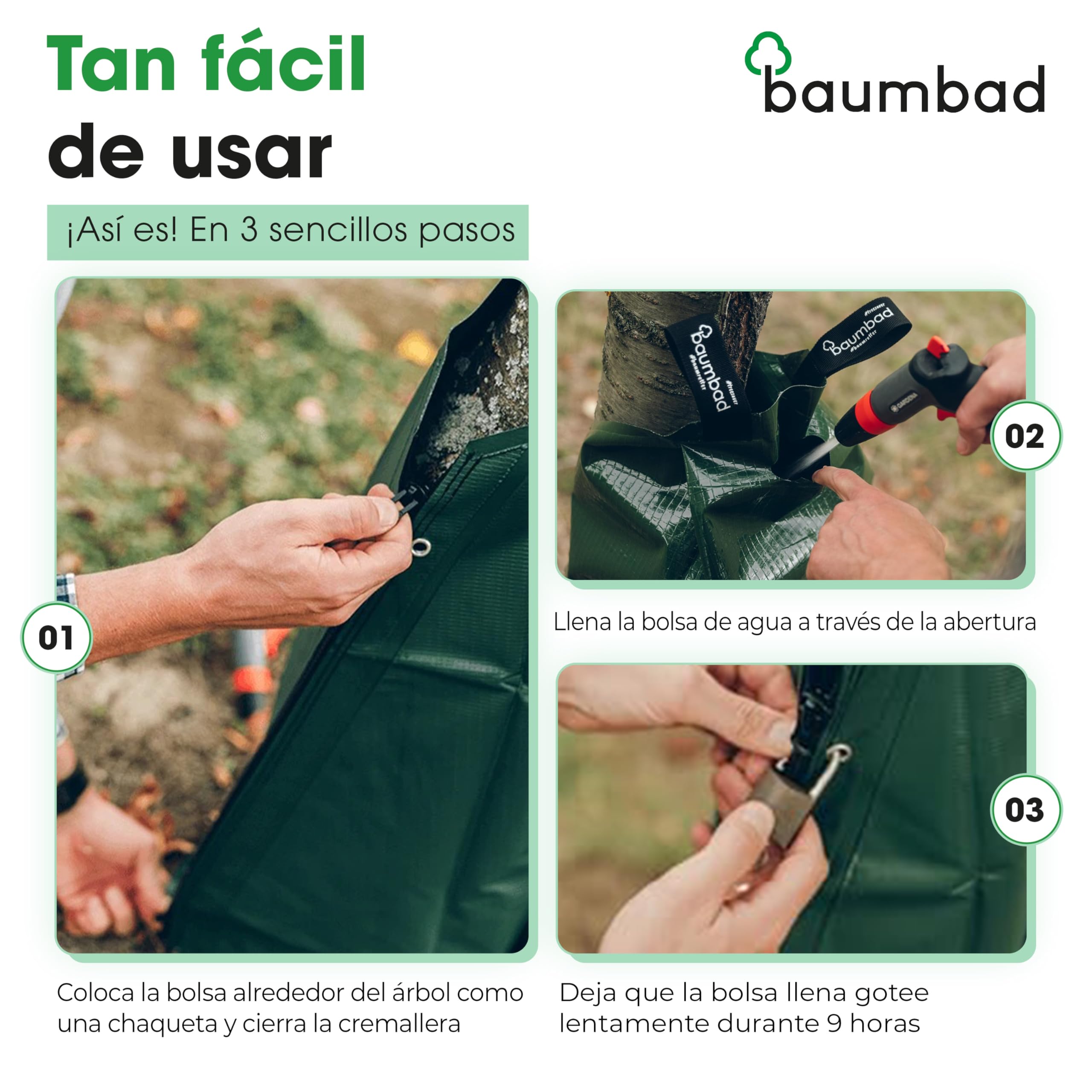 baumbad 5 bolsas de riego premium de 100 litros, PVC resistente a los rayos UV, saco para árbol de riego, color verde