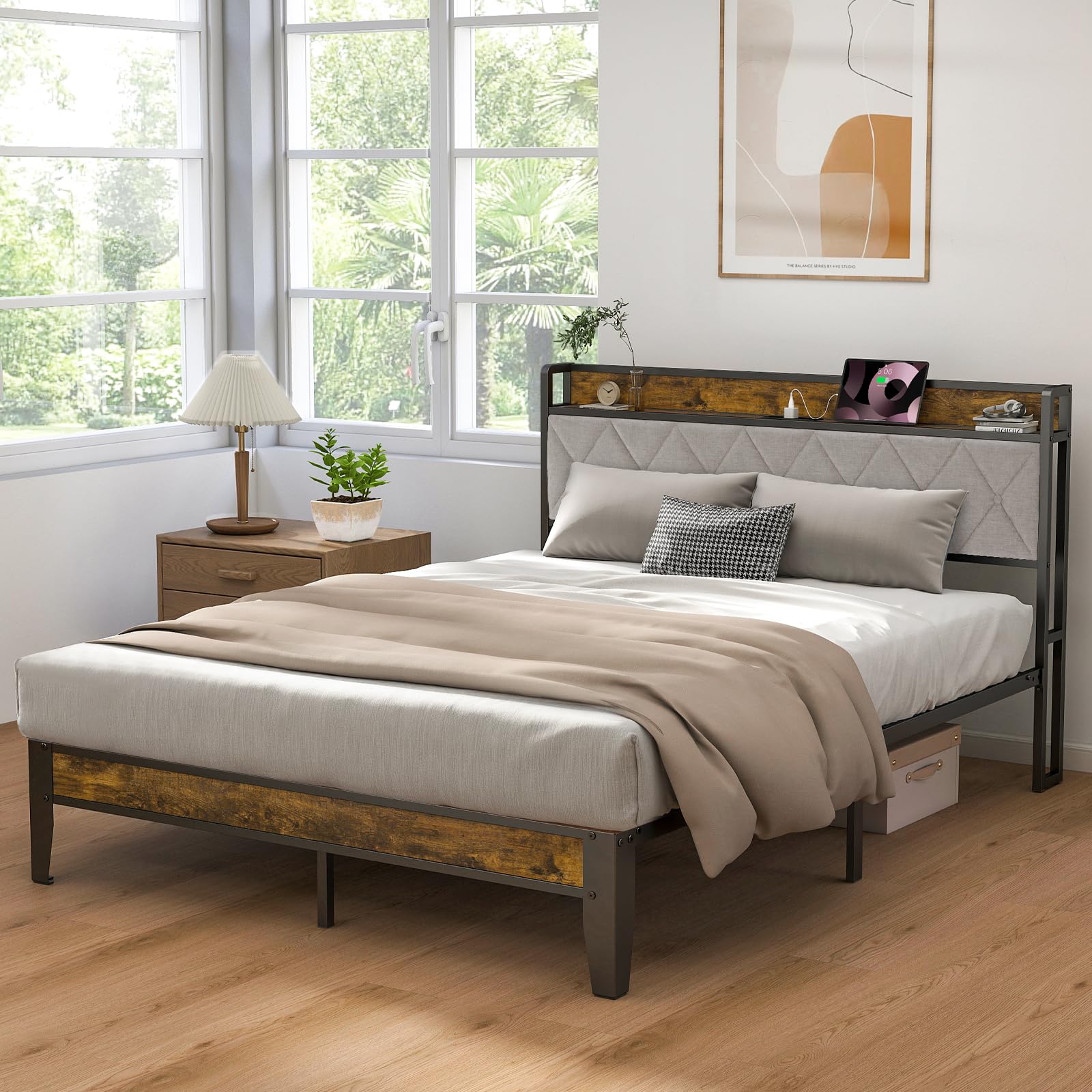 DUMOS Queen Bed Frame with Headboard, Storage Headboard with USB Charging Station, Durable Squeak-Free Frame, Simple No-Tool Assembly,Works with Queen