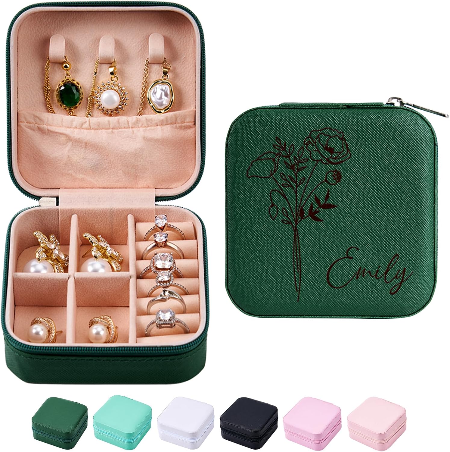 Custom Leather Jewelry Box w/Name & Birth Flower Month, Birthday Gifts for Women, Personalized Jewelry Travel Case, Custom Jewelry Organizer Box,Unique Keepsake Organizer,Mom Birthday Gifts,Dark Green