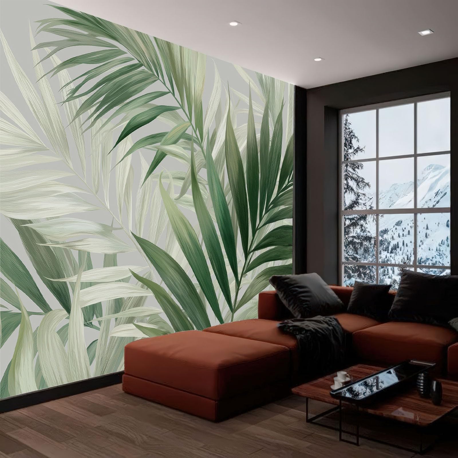 Art Papier Peint Intissé 3D Feuilles De Palmier Dessinées À La Main Muraux Papier Peint Photo, Plantes En Aquarelle Murale Panoramique 500 x 280 cm Salon Chambre Bureau Couloir Peinture Murale