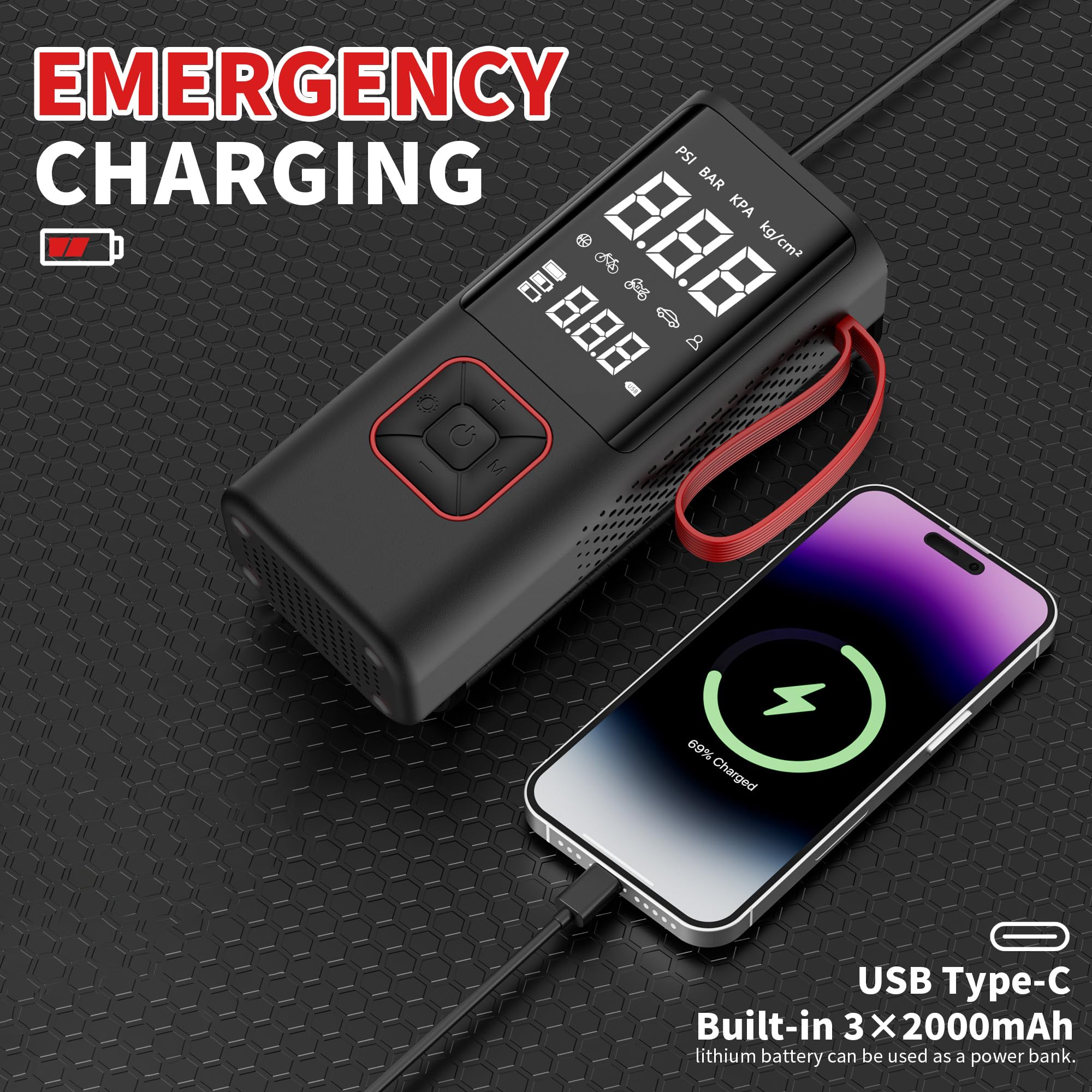 Compressore Aria Portatile, COCCKO 6000mAh e 12V DC Pompa Bicicletta Elettrica,10,3 Bar/150PSI Mini Compressore Portatile con Luce LED, Ricarica USB, per Auto, Bici, Moto, Pallone