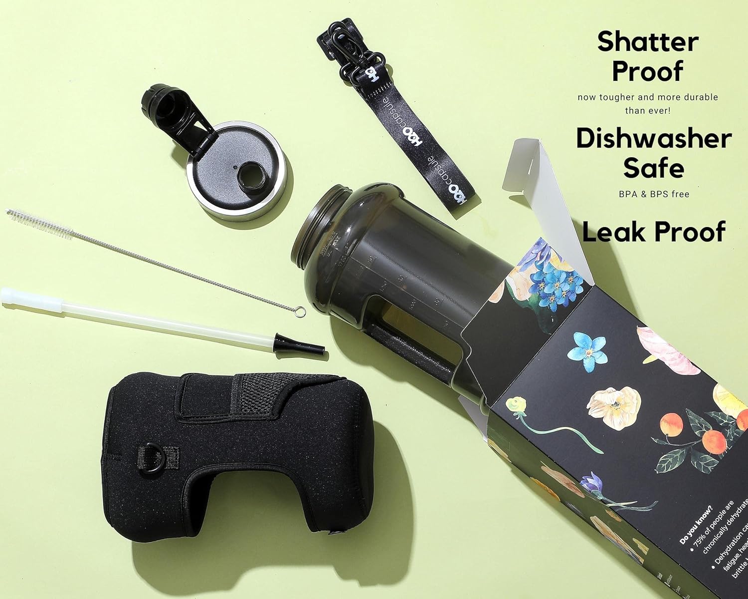 H2O Capsule 2.2L Half Gallon Wide Mouth Water Bottle with Storage Sleeve and Removable Straw - Hydration Tracker Jug with Measurements Marked – Shatterproof BPA-Free, (Jet Black) - Image 3