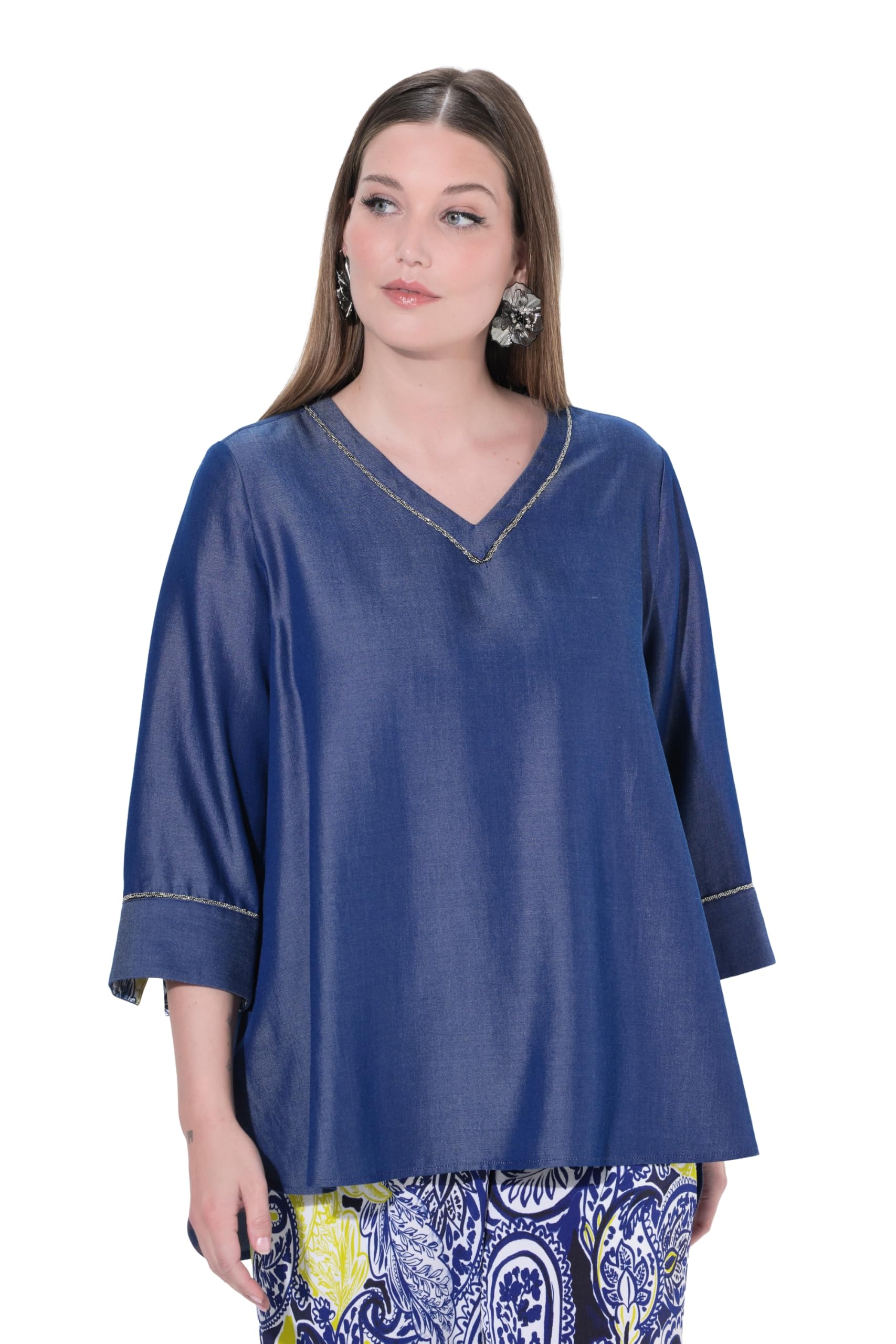Ulla Popken Damen große Größen Übergrößen Plus Size Lyocell-Blusenshirt, Jeansoptik, V-Ausschnitt, 3/4-Arm 847226