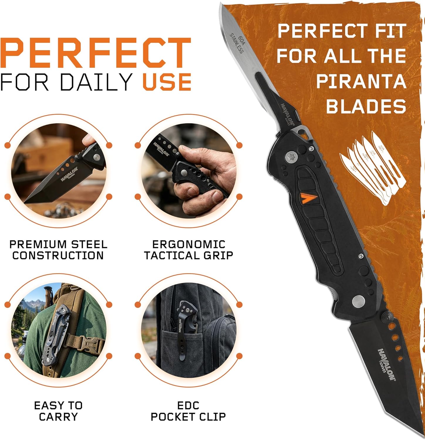 Havalon EXP Folding Knife – Dual Blade Pocket Knife with Heavy Duty Tanto Blade and Replaceable #60A Blades, Includes Holster & 12-Pack Refills