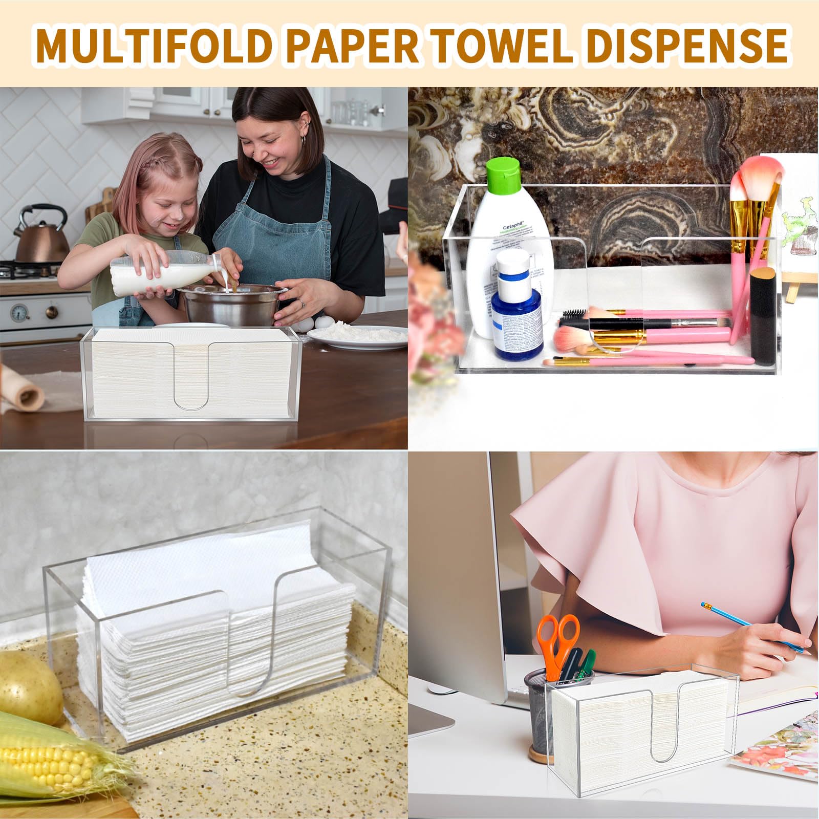Paquete de 4 soportes acrílicos para toallas de papel, dispensador de toallas de papel para encimera/servilletero acrílico (acrílico de 5 mm), toallas de papel plegables en C o multipliegues, para