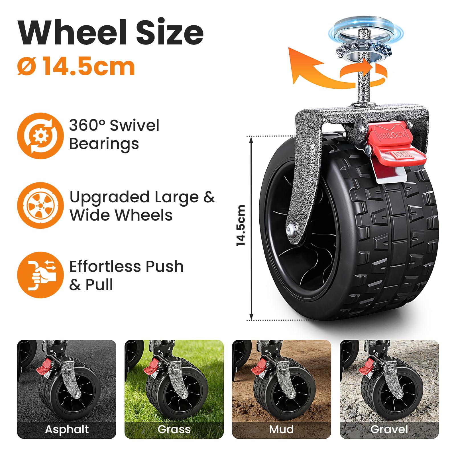 YEAUPE PRO Carro Plegable Todo Terreno – Frenos Dobles, Ruedas Anchas, Estructura Reforzada, Mango Ajustable – Ideal para Playa y Camping – 150‑240L, Negro - 5